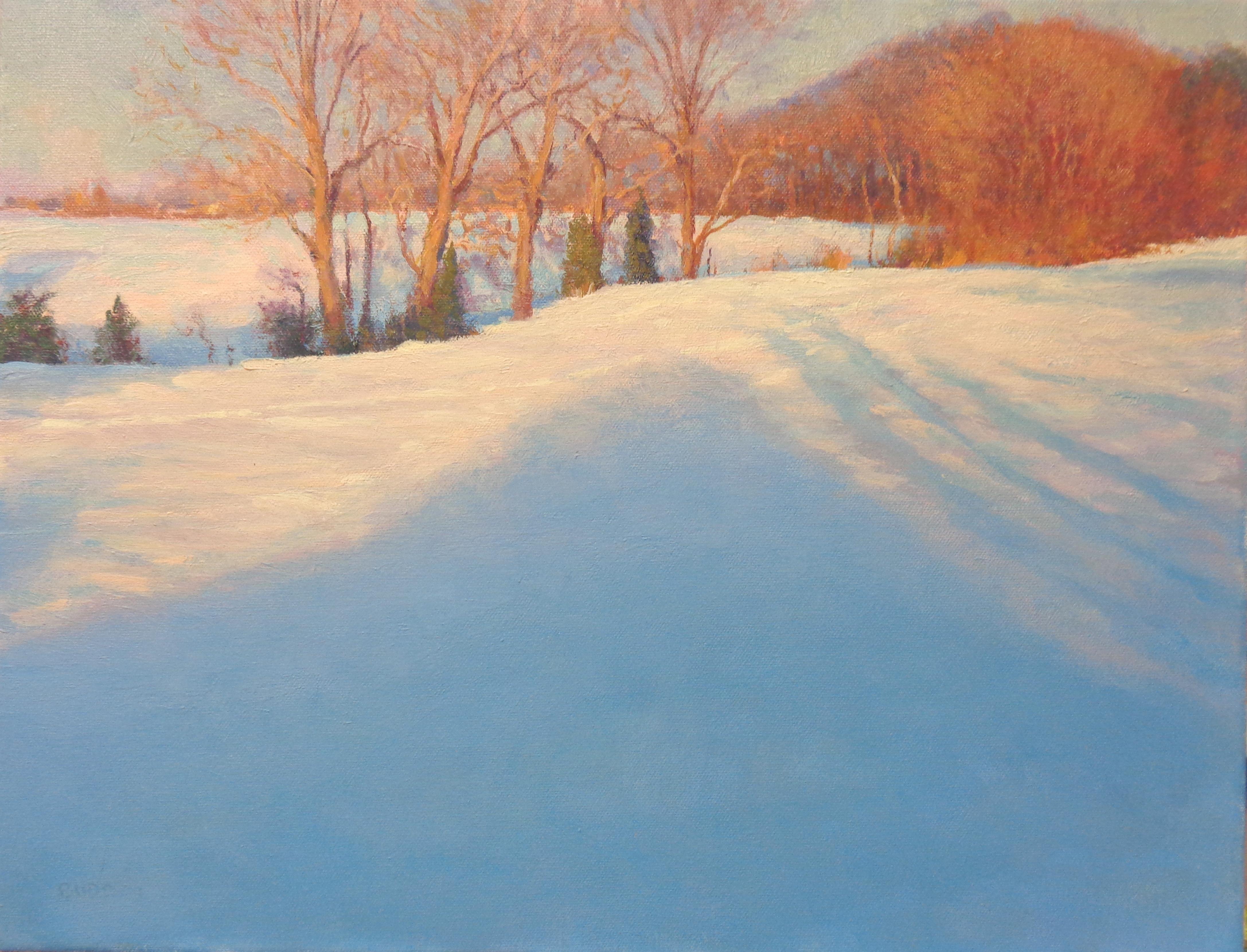 Paisaje invernal con nieve Pintura al óleo de Michael Budden Hermosa luz en venta 1