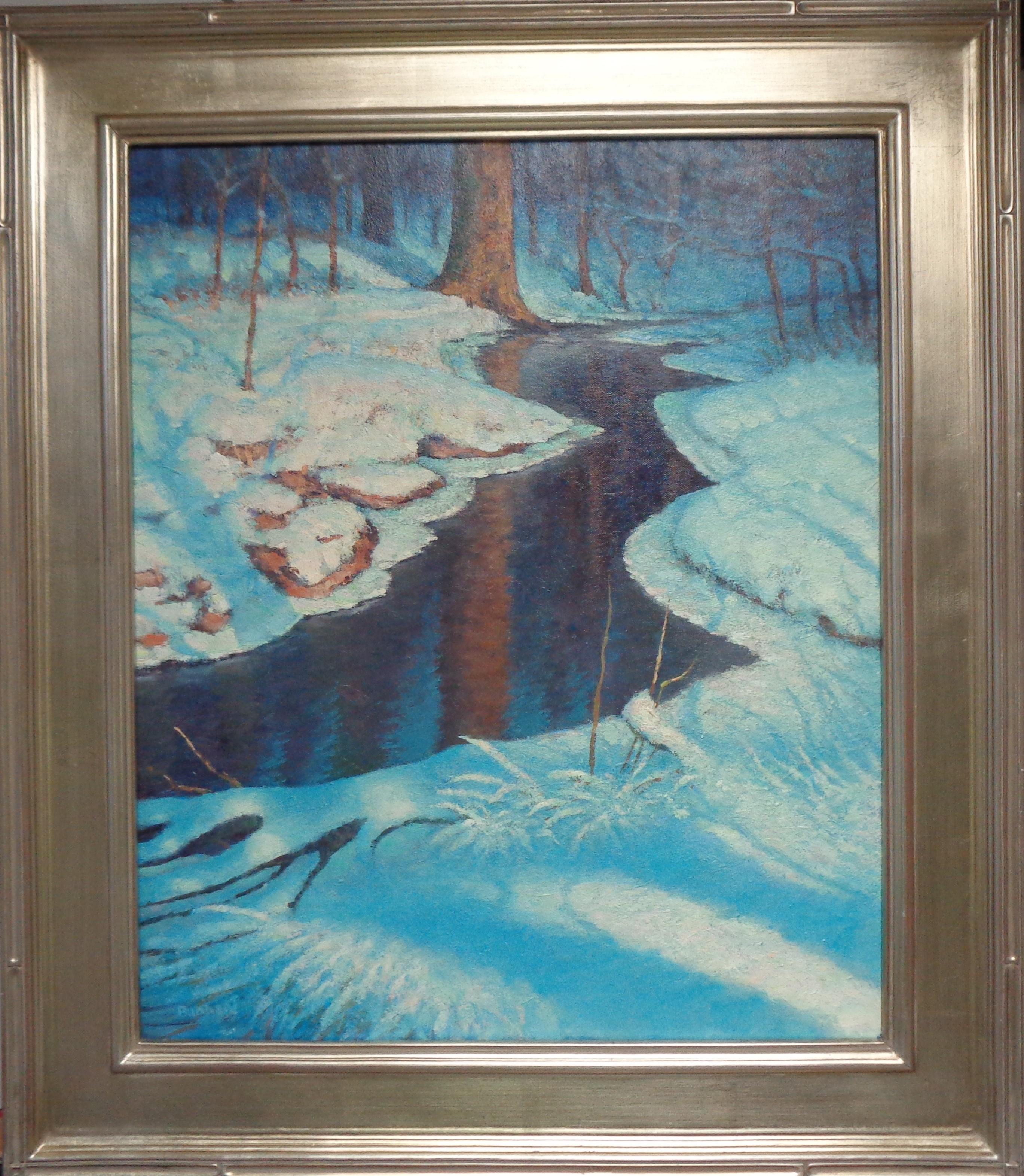 Mondlicht-Schatten
Öl/Leinwand
Bild 20 x 24 ungerahmt, 30,5 x 26,5 gerahmt
unterzeichnet LL
Moonlight Shadows ist ein Ölgemälde auf Leinwand des preisgekrönten zeitgenössischen Künstlers Michael Budden. Es ist eine ruhige Szene eines winterlichen