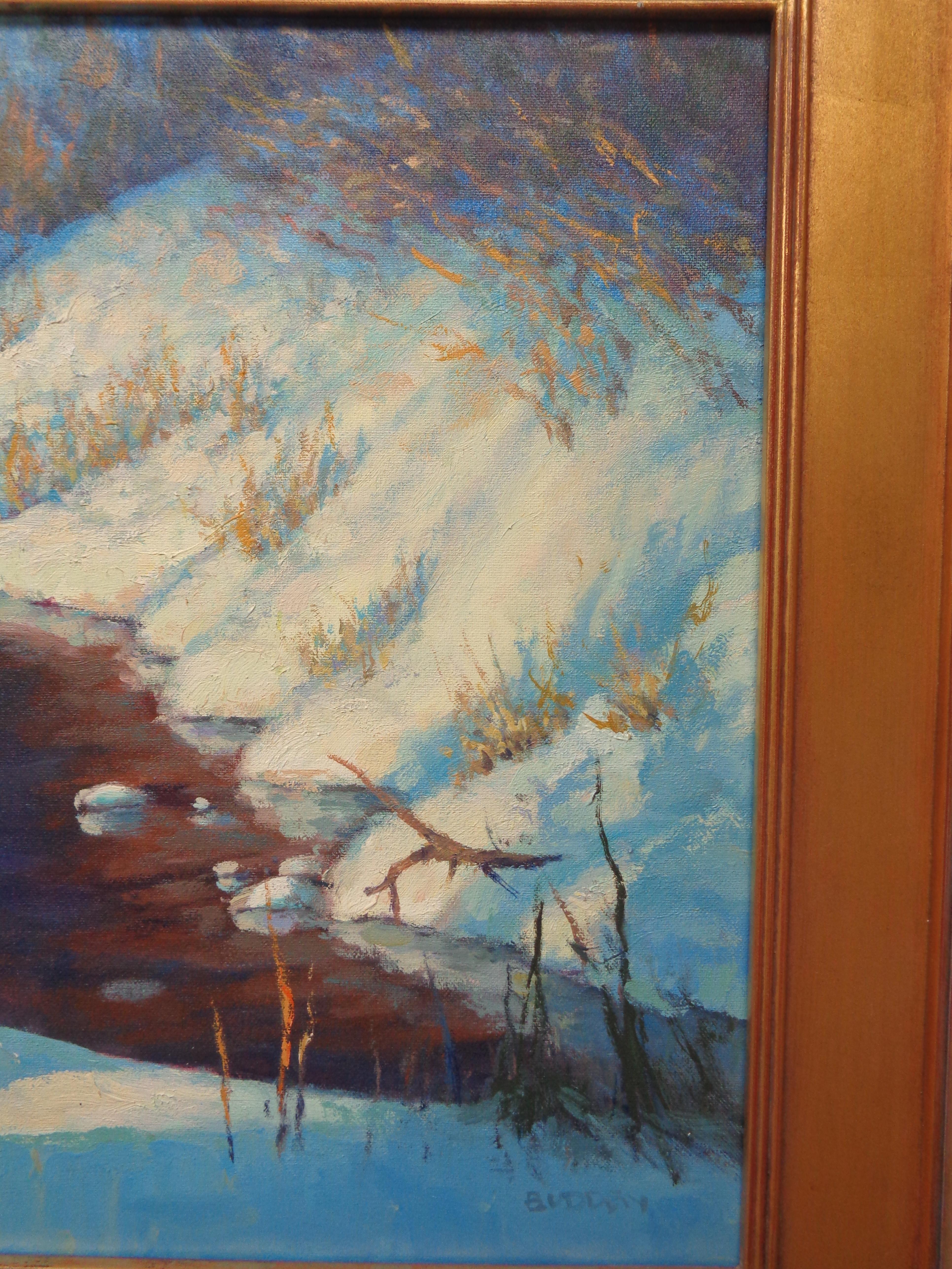 Arroyo invernal Escena de nieve Paisaje contemporáneo Pintura al óleo de Michael Budden en venta 2