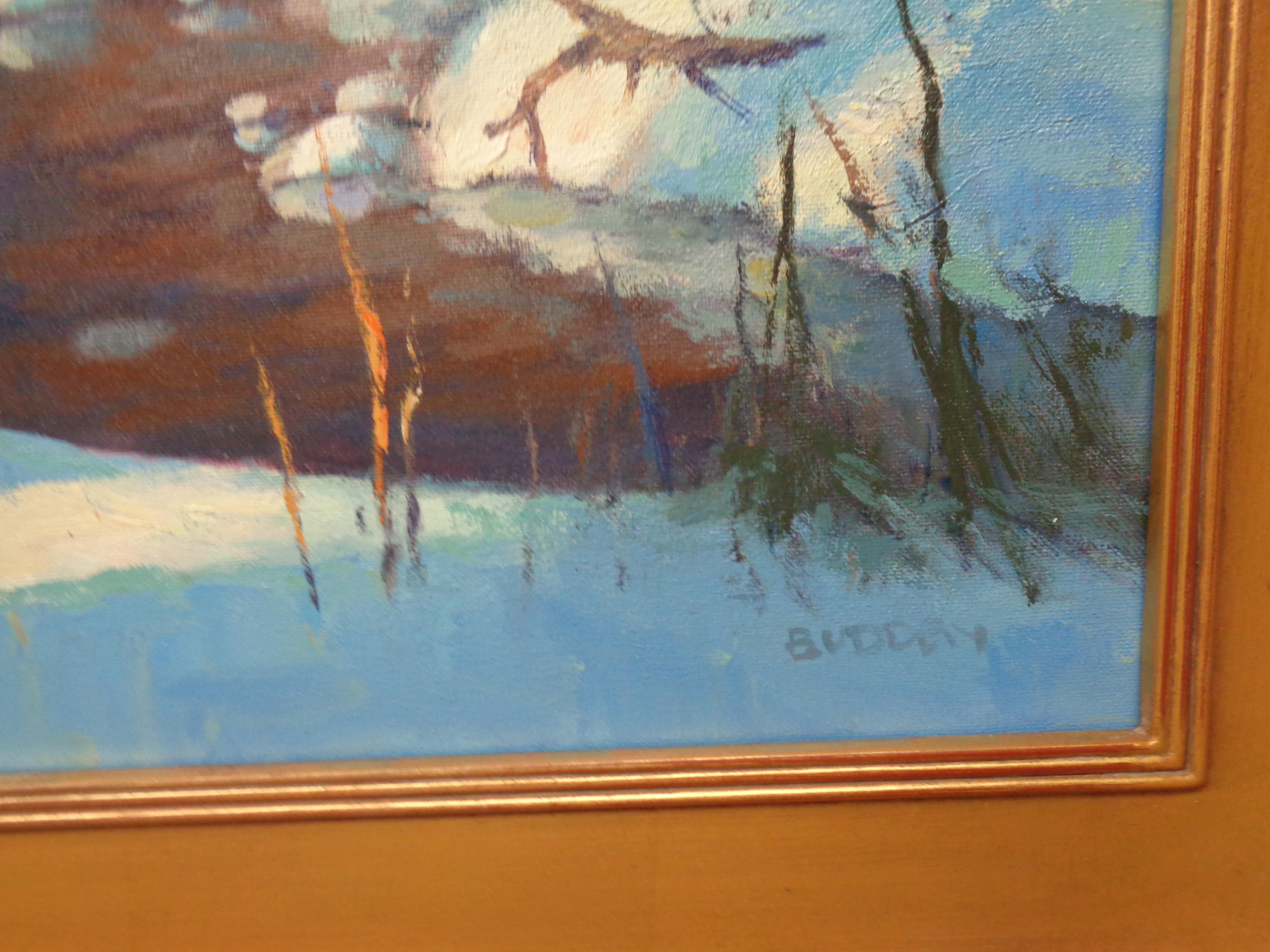 Arroyo invernal Escena de nieve Paisaje contemporáneo Pintura al óleo de Michael Budden en venta 4
