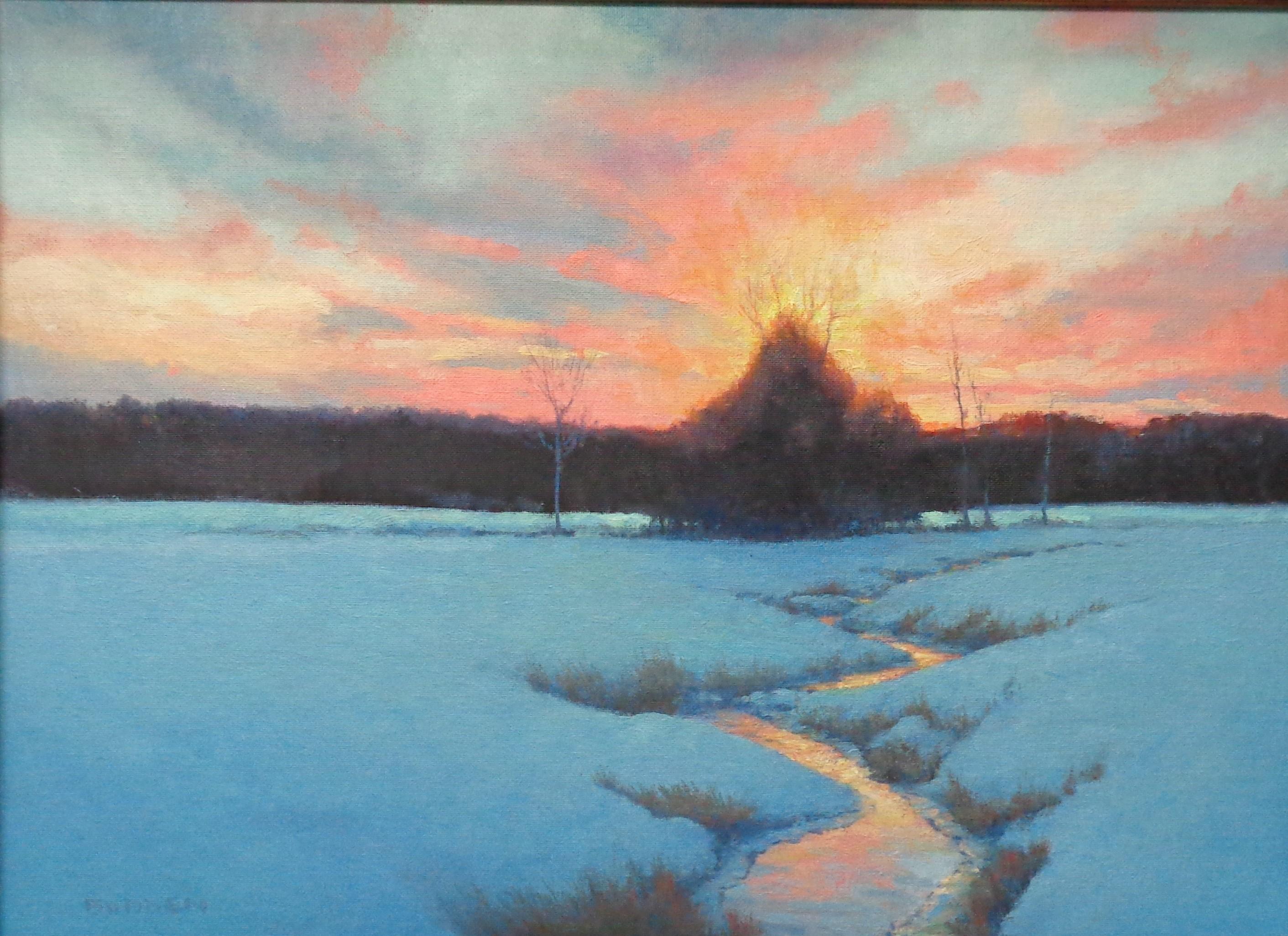   Winter Sunset Landscape Oil Painting by Michael Budden Winter Evening For Sale 1