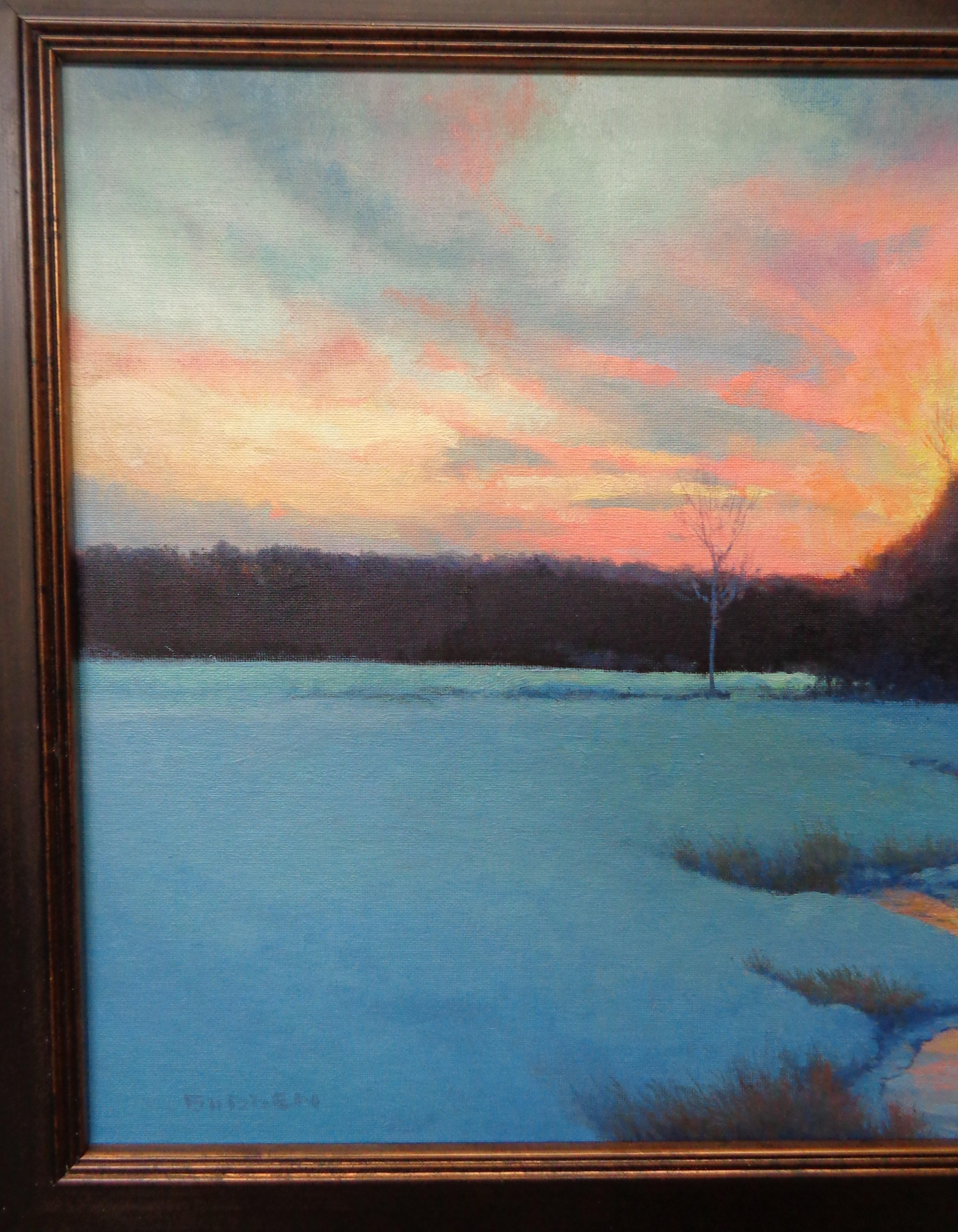   Winter Sunset Landscape Oil Painting by Michael Budden Winter Evening For Sale 2