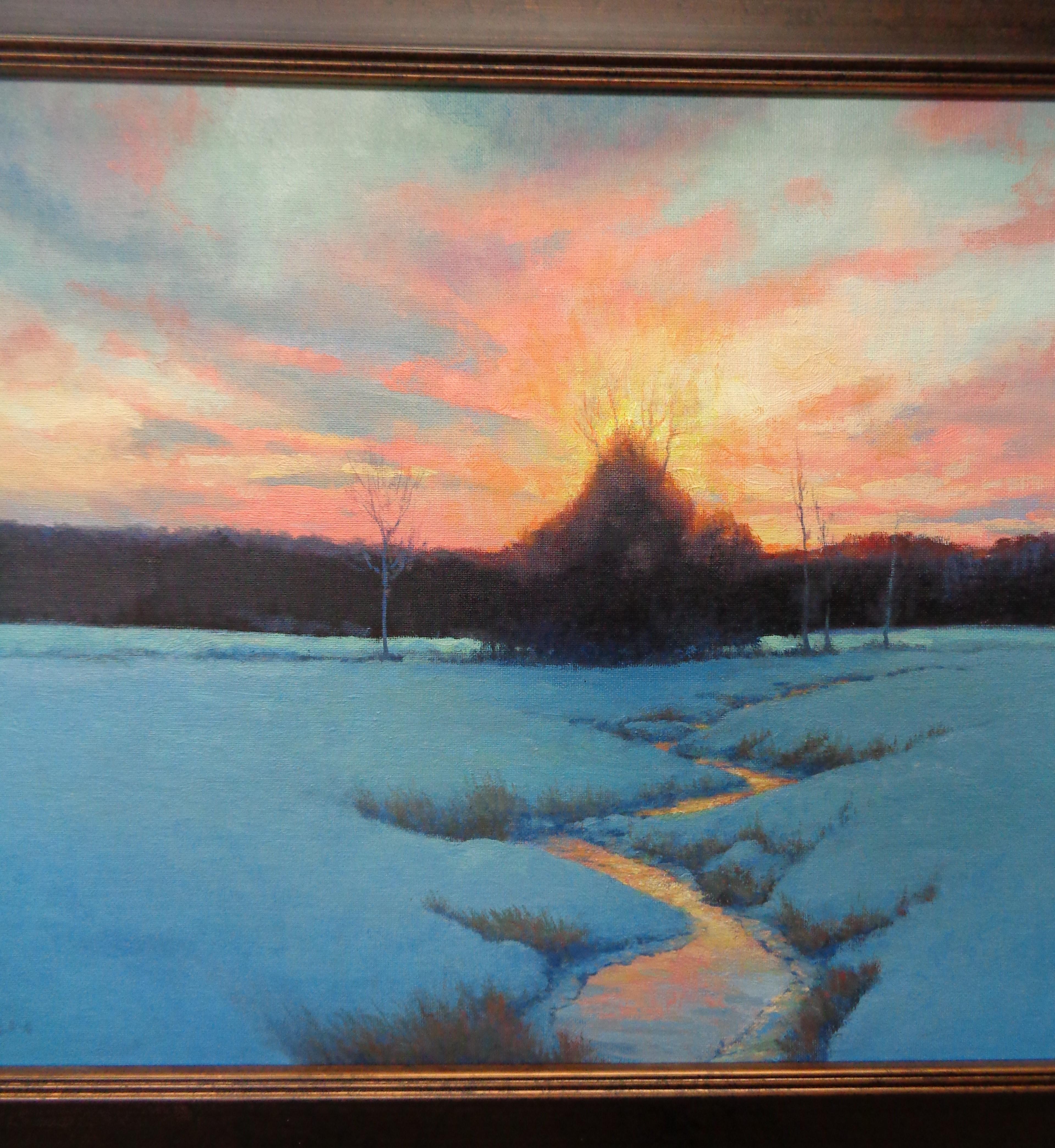   Winter Sunset Landscape Oil Painting by Michael Budden Winter Evening For Sale 3