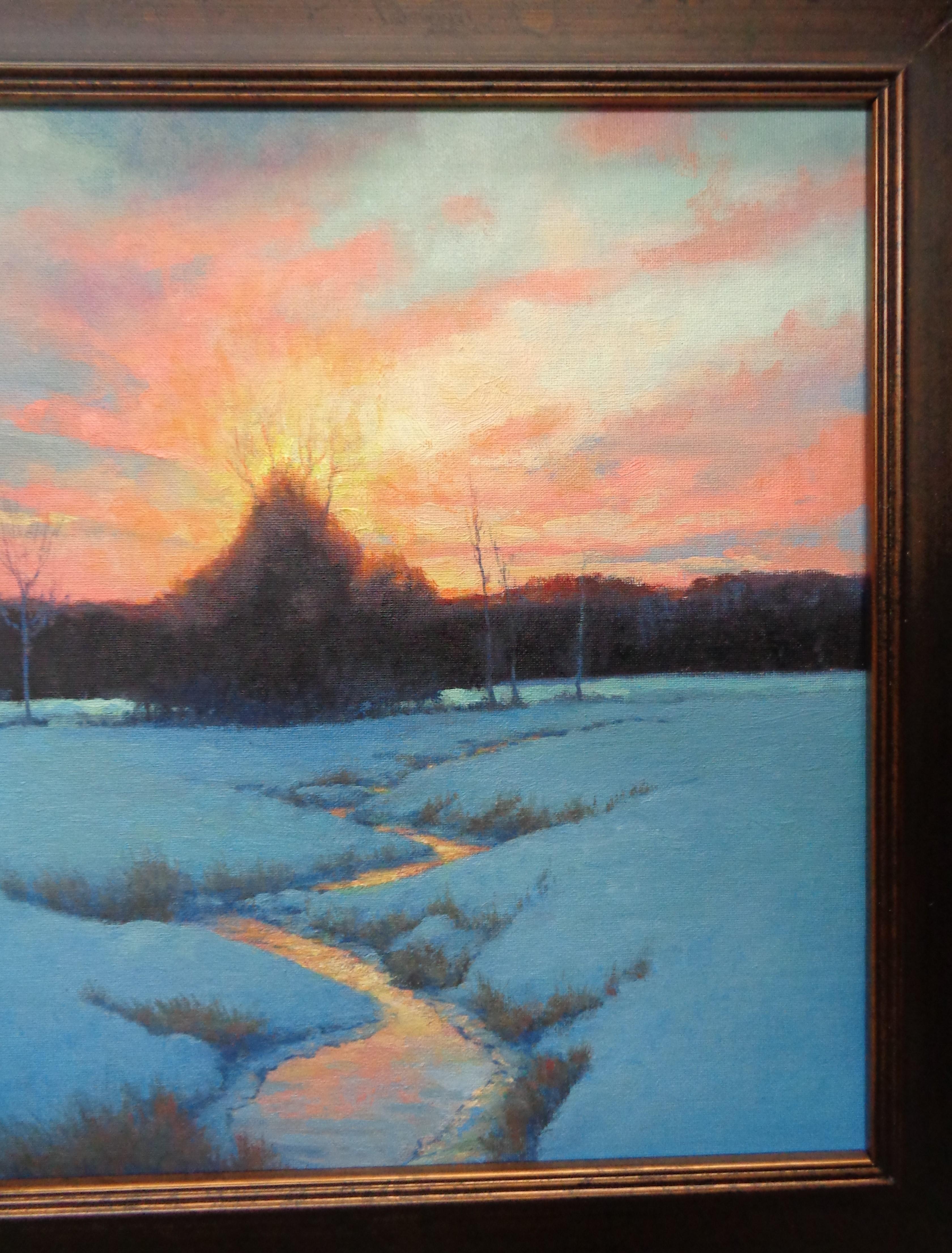   Winter Sunset Landscape Oil Painting by Michael Budden Winter Evening For Sale 4
