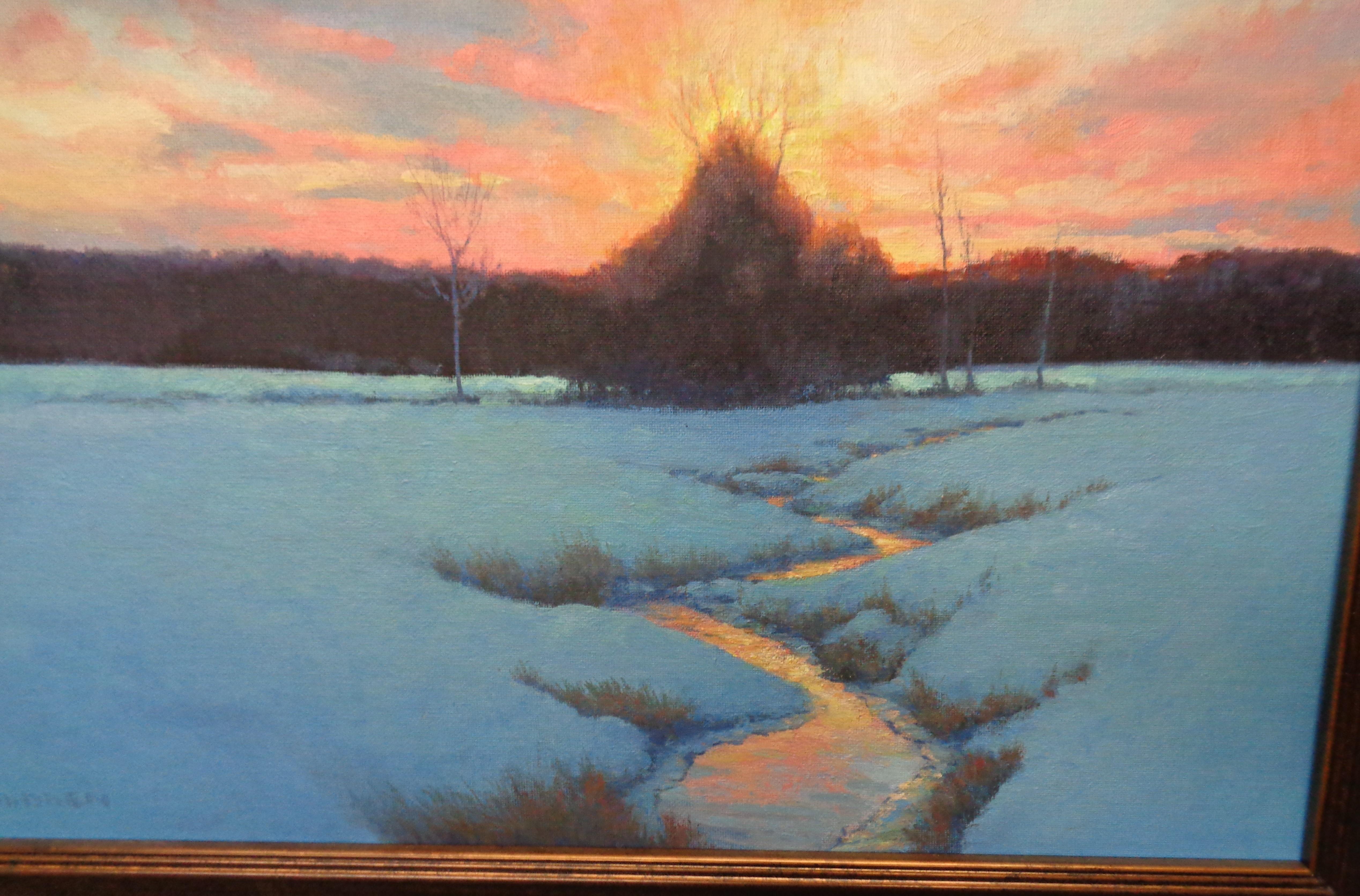   Winter Sunset Landscape Oil Painting by Michael Budden Winter Evening For Sale 5