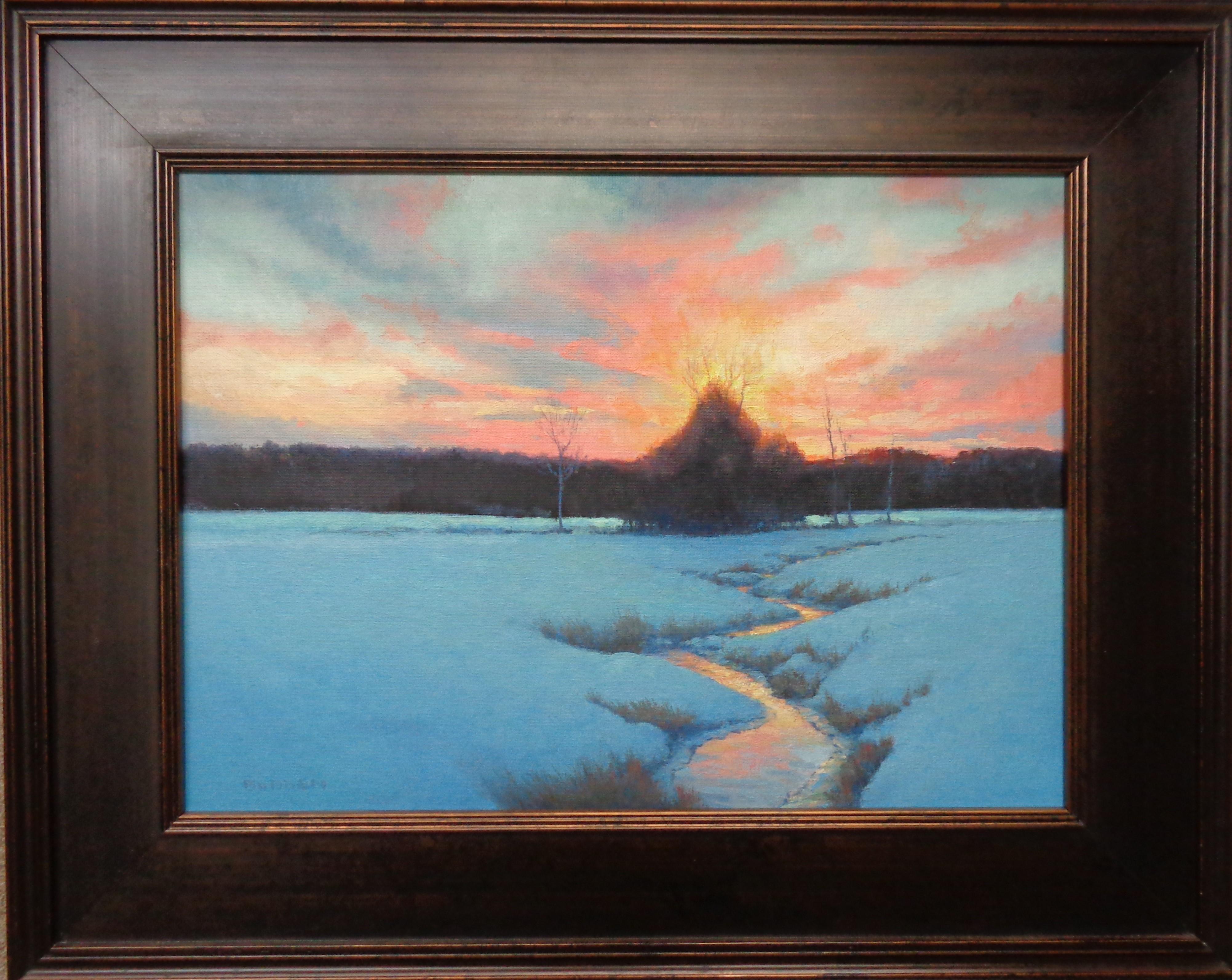 Winter Evening
oil/canvas panel
signed LL
16 x 22 image, 23.75 x 29.75 framed
A very vibrant scene inspired by my surroundings using a complimentary color scheme to heighten the impact.
The frame is touched up but presentable front on.

SELLERS