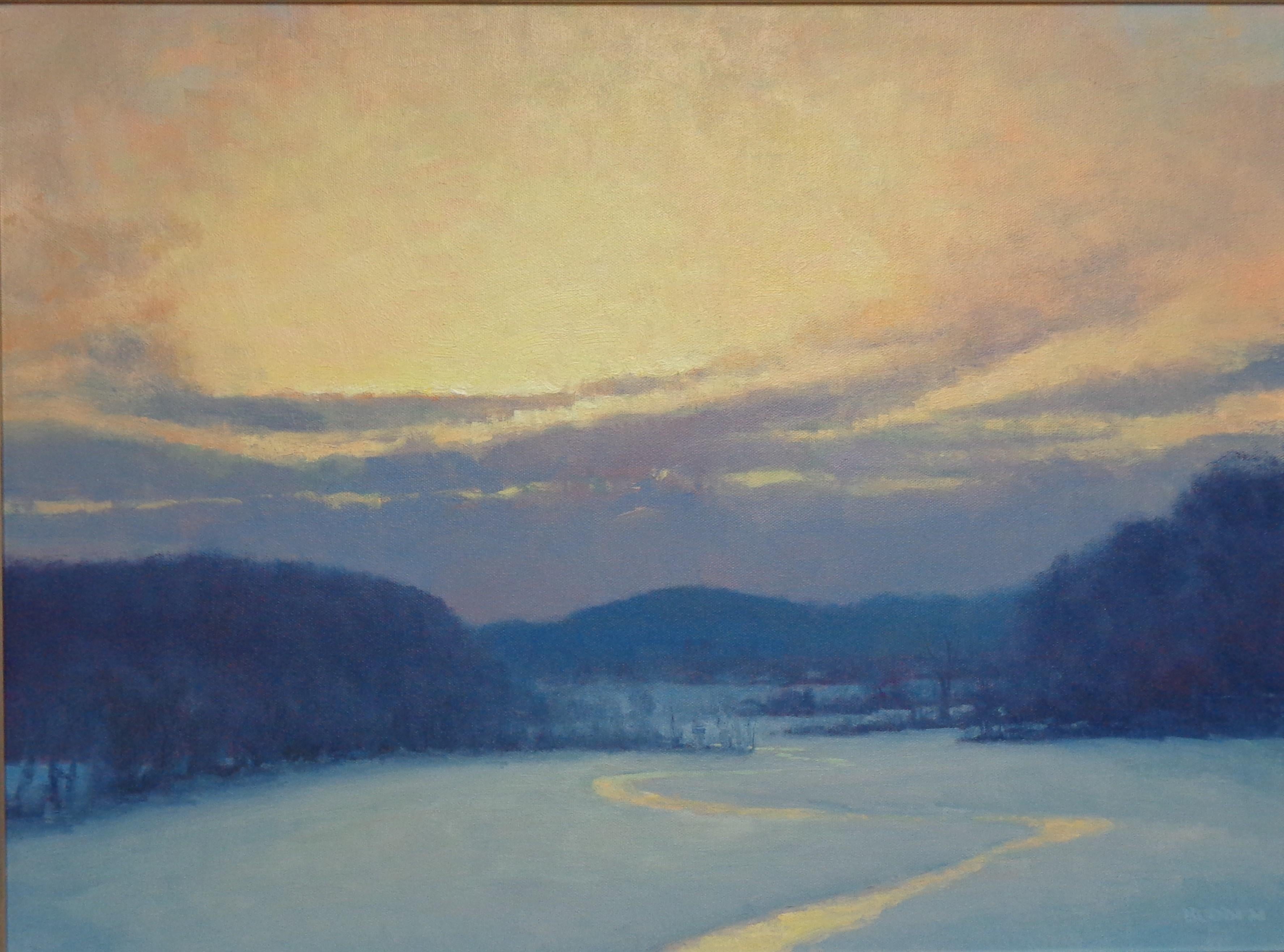   Winter Sunset Landscape Oil Painting by Michael Budden Winter Evening Sundown For Sale 1