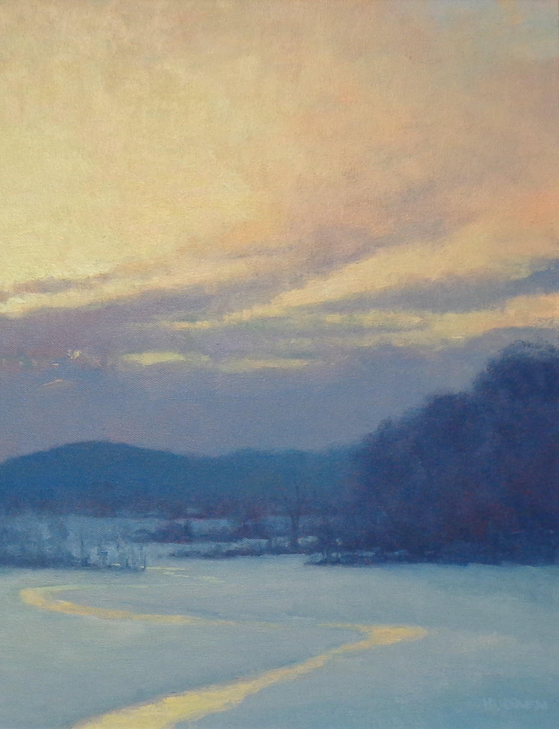   Winter Sunset Landscape Oil Painting by Michael Budden Winter Evening Sundown For Sale 3