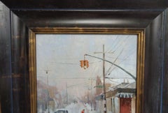 A. Winter Urban City Street Scene Painting Pittura dell'impressionista americano Paul Bachem