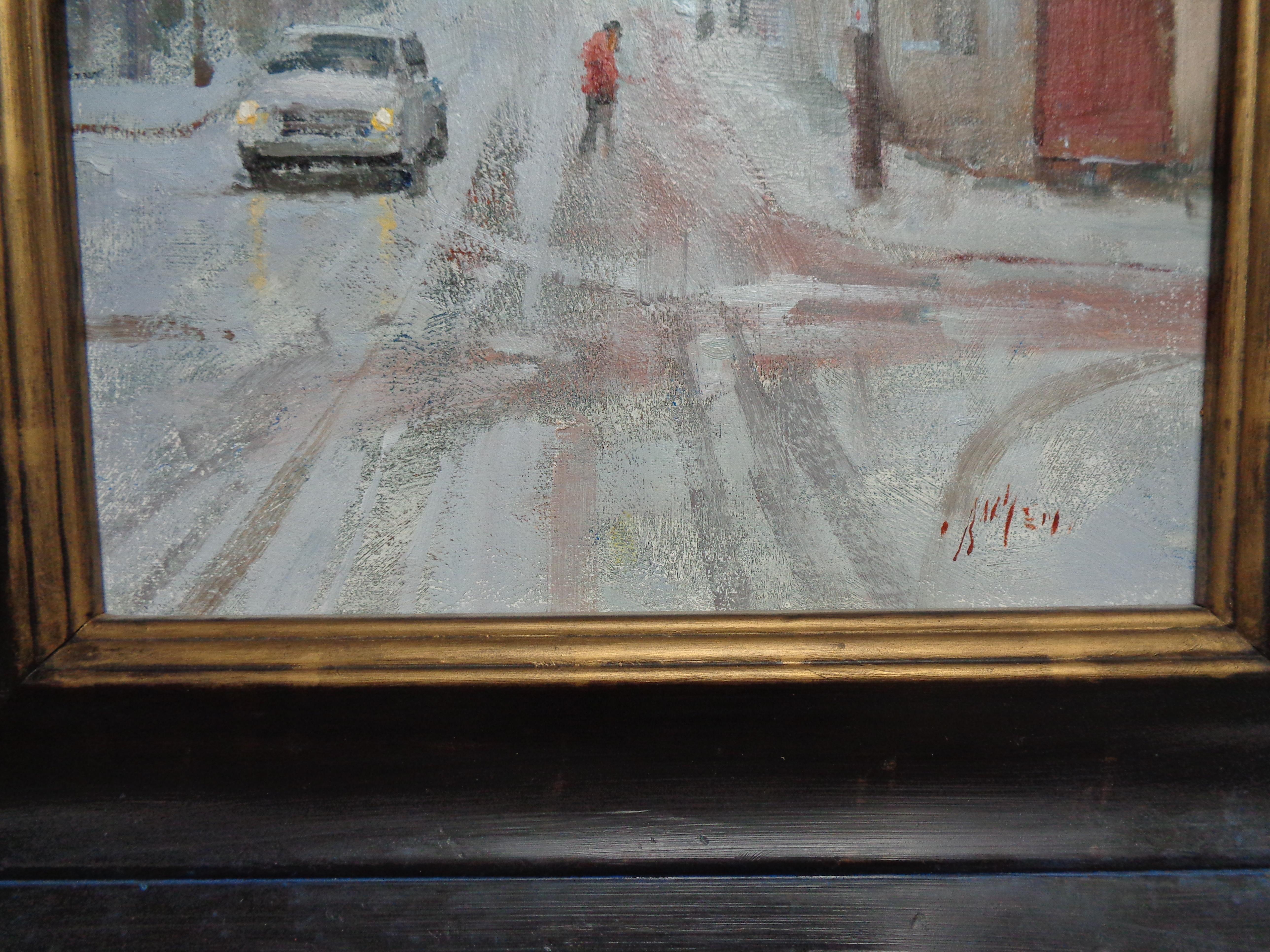 Winter Urban City Street Scene Painting American Impressionist Paul Bachem  For Sale 1