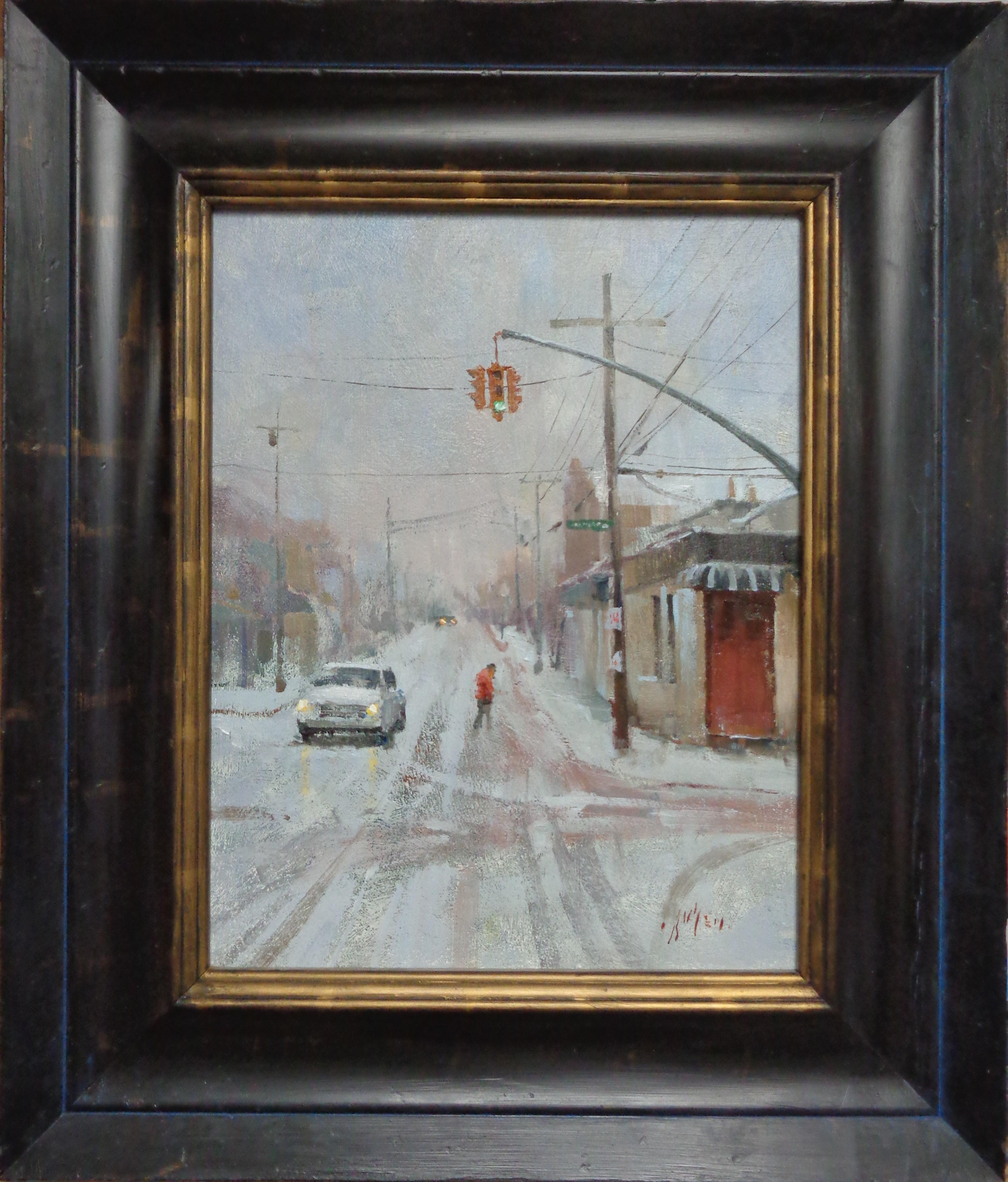 Michael Budden Landscape Painting - Winter Urban City Street Scene Painting American Impressionist Paul Bachem 