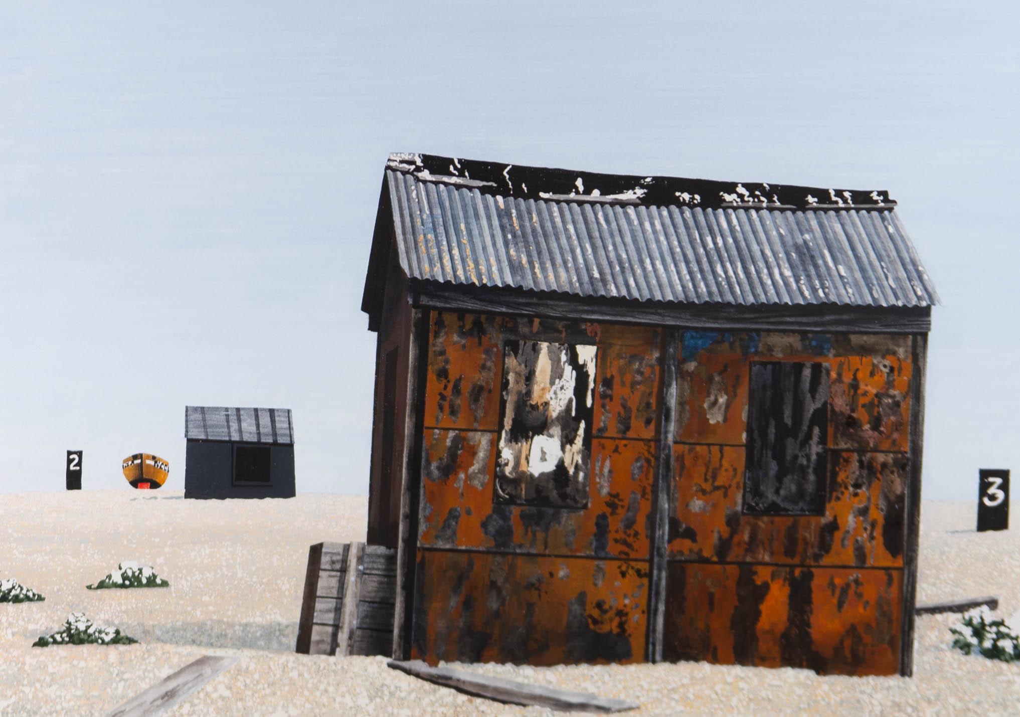 A very fine acrylic painting by the British artist Michael Kidd. The scene depicts a sandy view with a rusty shack as the main subject. Known for his surreal, quirky and creative paintings, this work is illustrative of the artist's imagination, as