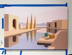 Landscape, Surreal Painting, Block Stacks, Evening Light by Michael Callas