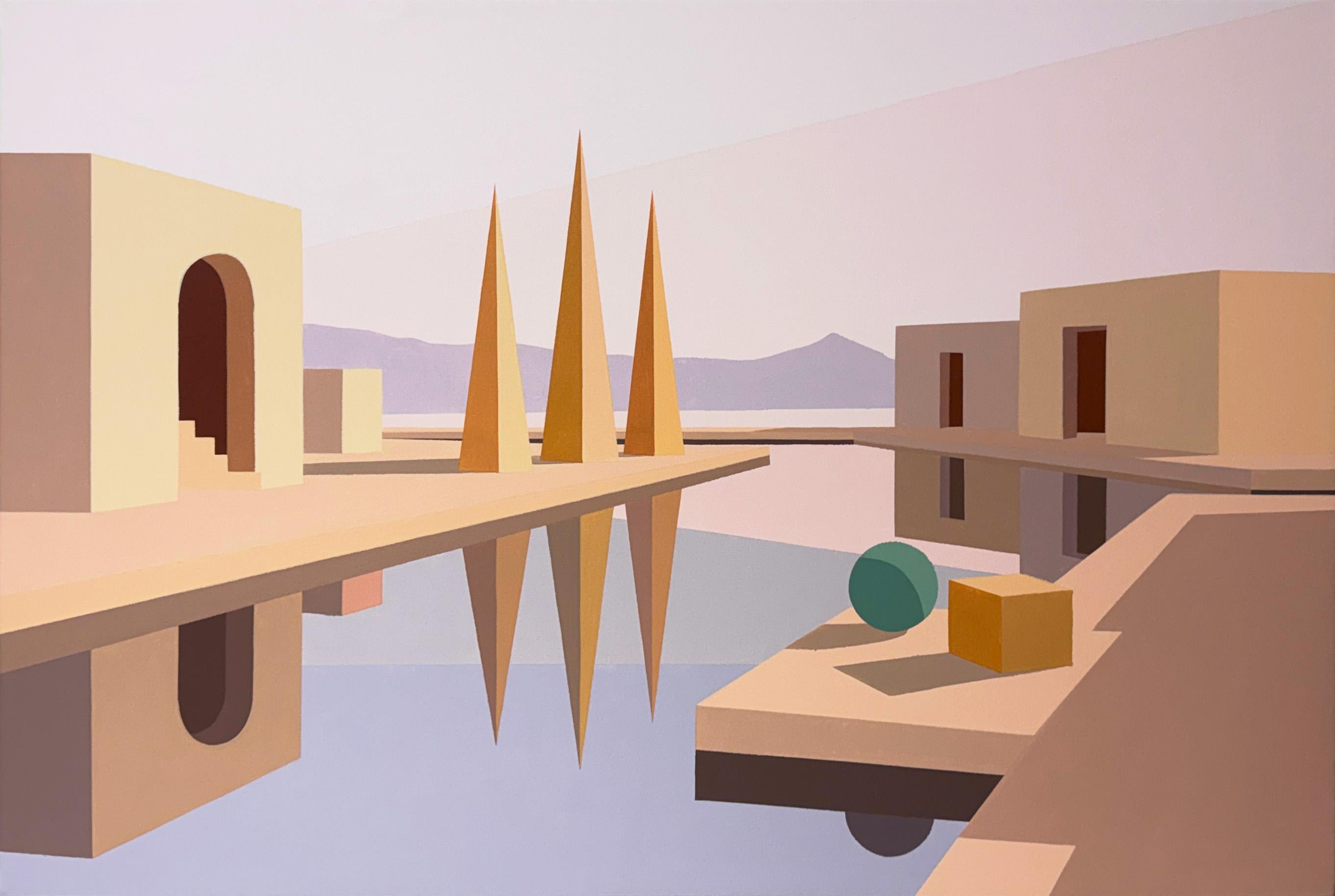 Landschaft, Surreale Malerei, Blockstapel, Abendlicht von Michael Callas