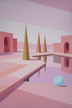 Landscape, Surreal Painting, Pink, Sphere at the Threshold by Michael Callas