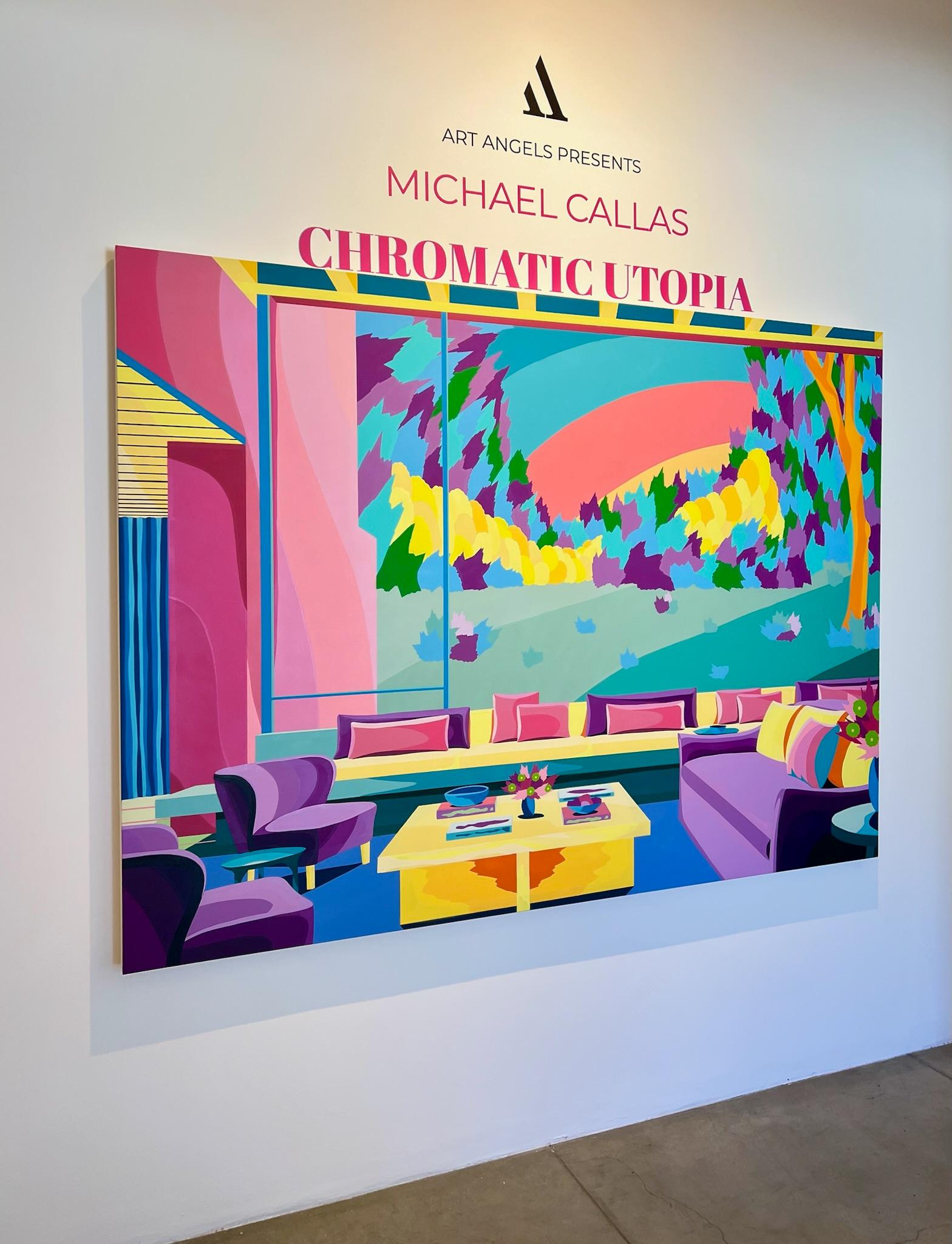Rainbow Hills and Plum Chairs - Contemporary Painting by Michael Callas