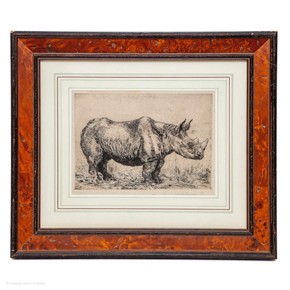 Michael Canney (British : 1923-1999) Rhinoceros 
Etching with aquatint and plate tone
1947, Signed and dated

Most likely originated from Canney’s wartime drawings when he served as draughtsman in the Royal Engineers in North Africa and