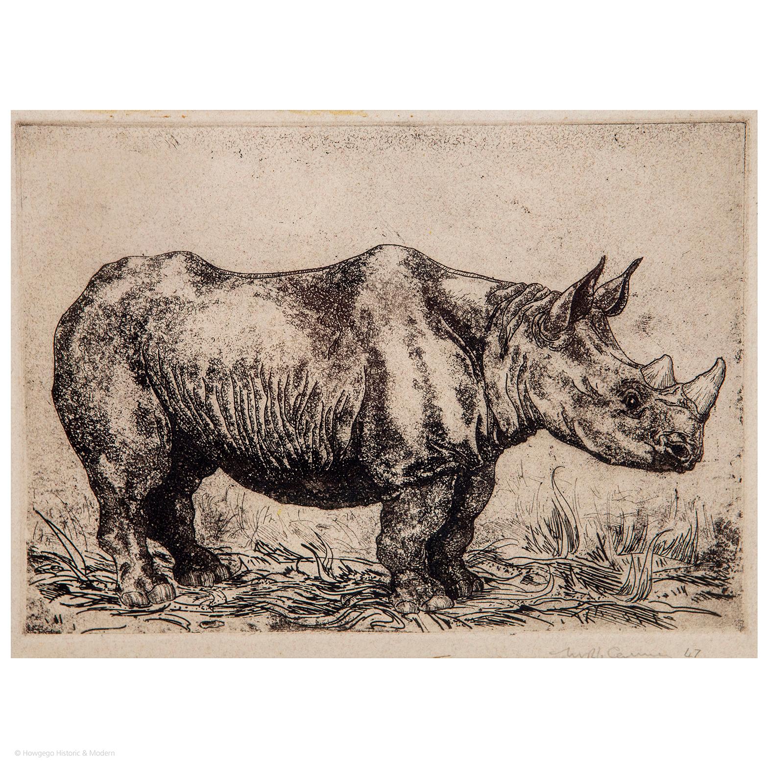 Michael Canney Rhinoceros Etching Signed Dated 1947 Aft Durer's 1515 Woodcut In Excellent Condition For Sale In BUNGAY, SUFFOLK