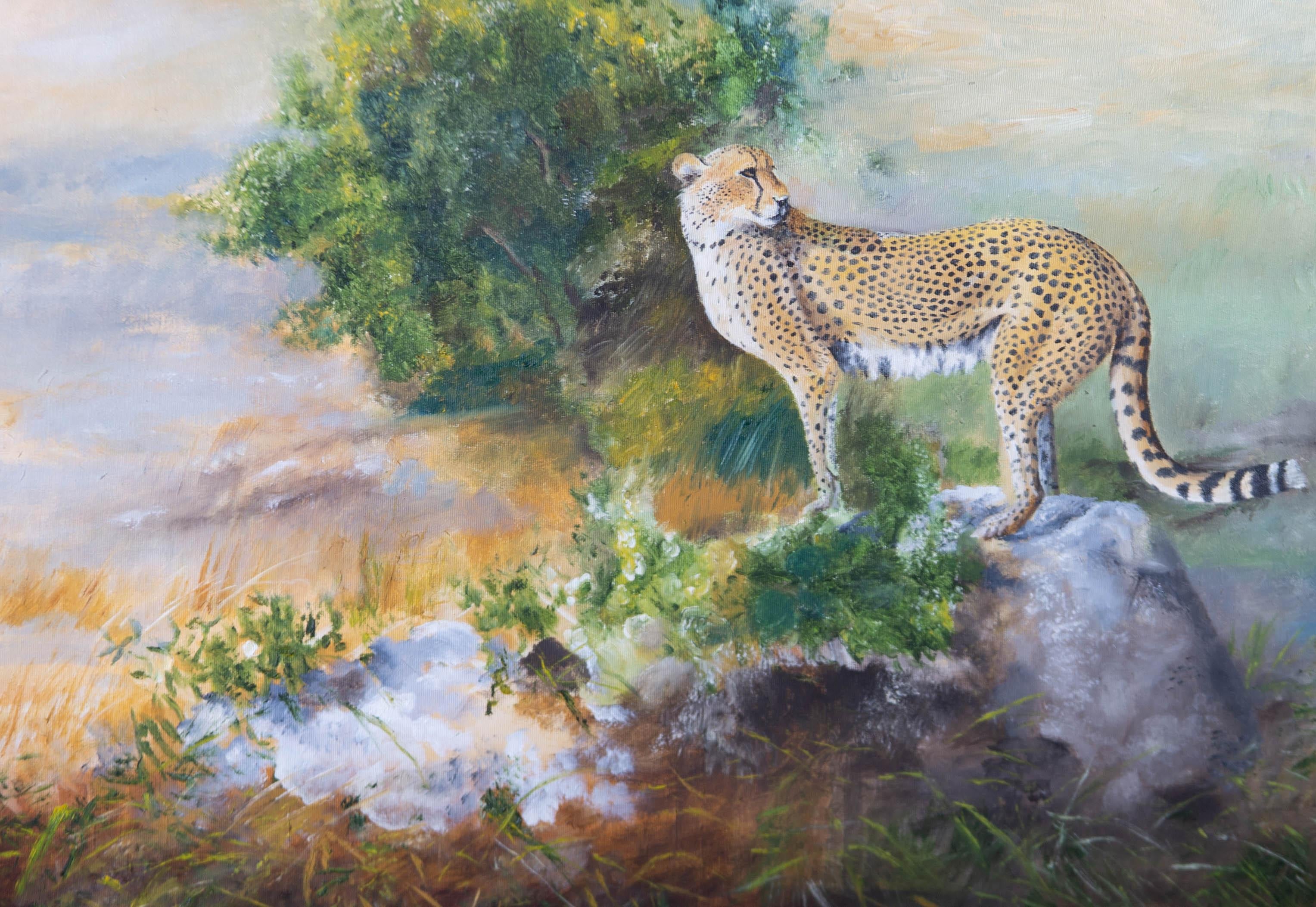 A dramatic contemporary oil, showing a majestic leopard atop a rock in the shrub of the Savannah. The clouds and yellow light, suggest that a great rain storm has just passed overhead. The painting is on canvas and there is an exhibition label with