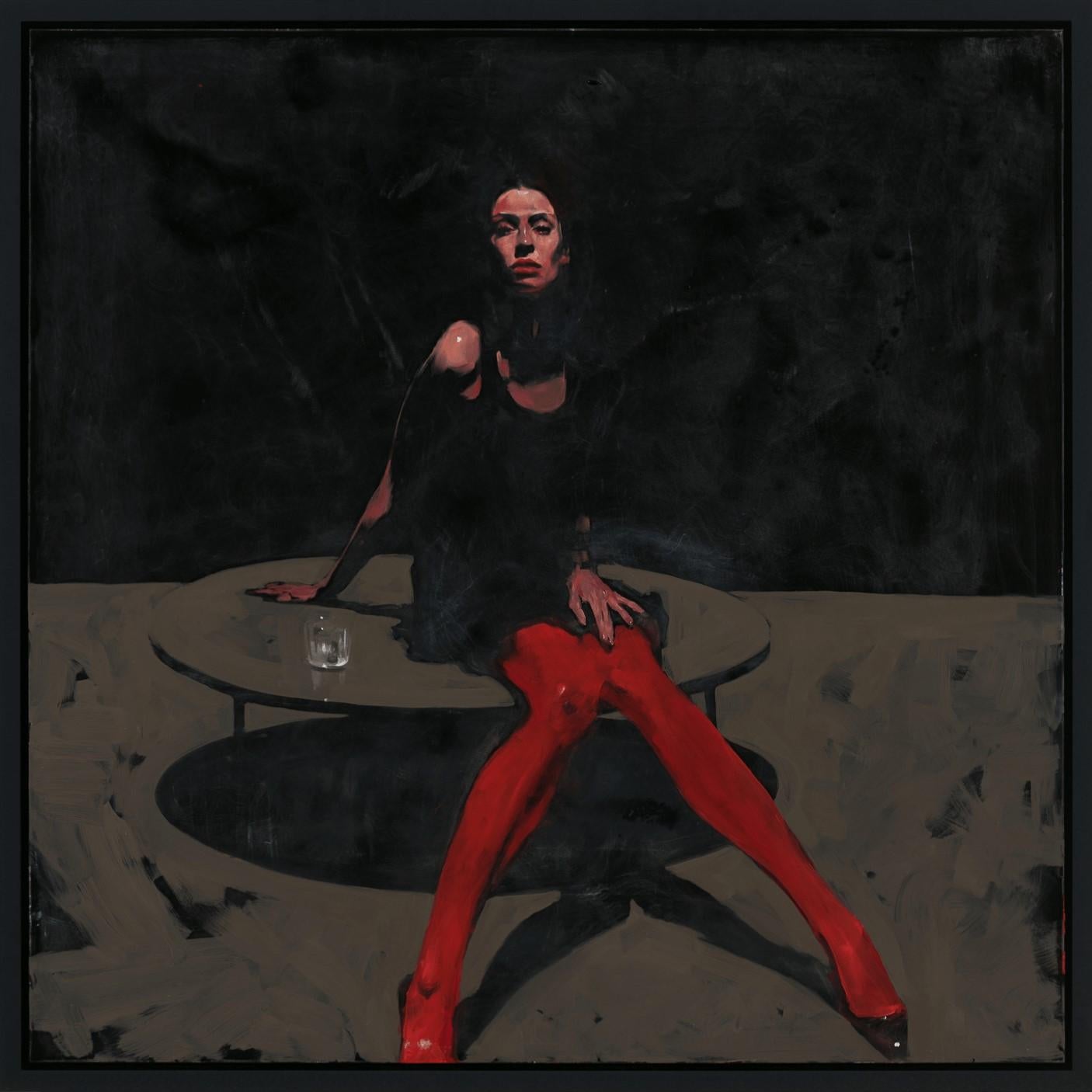 „Red Tights“ (2024) Originales Ölporträtgemälde von Michael Carson im Angebot 1