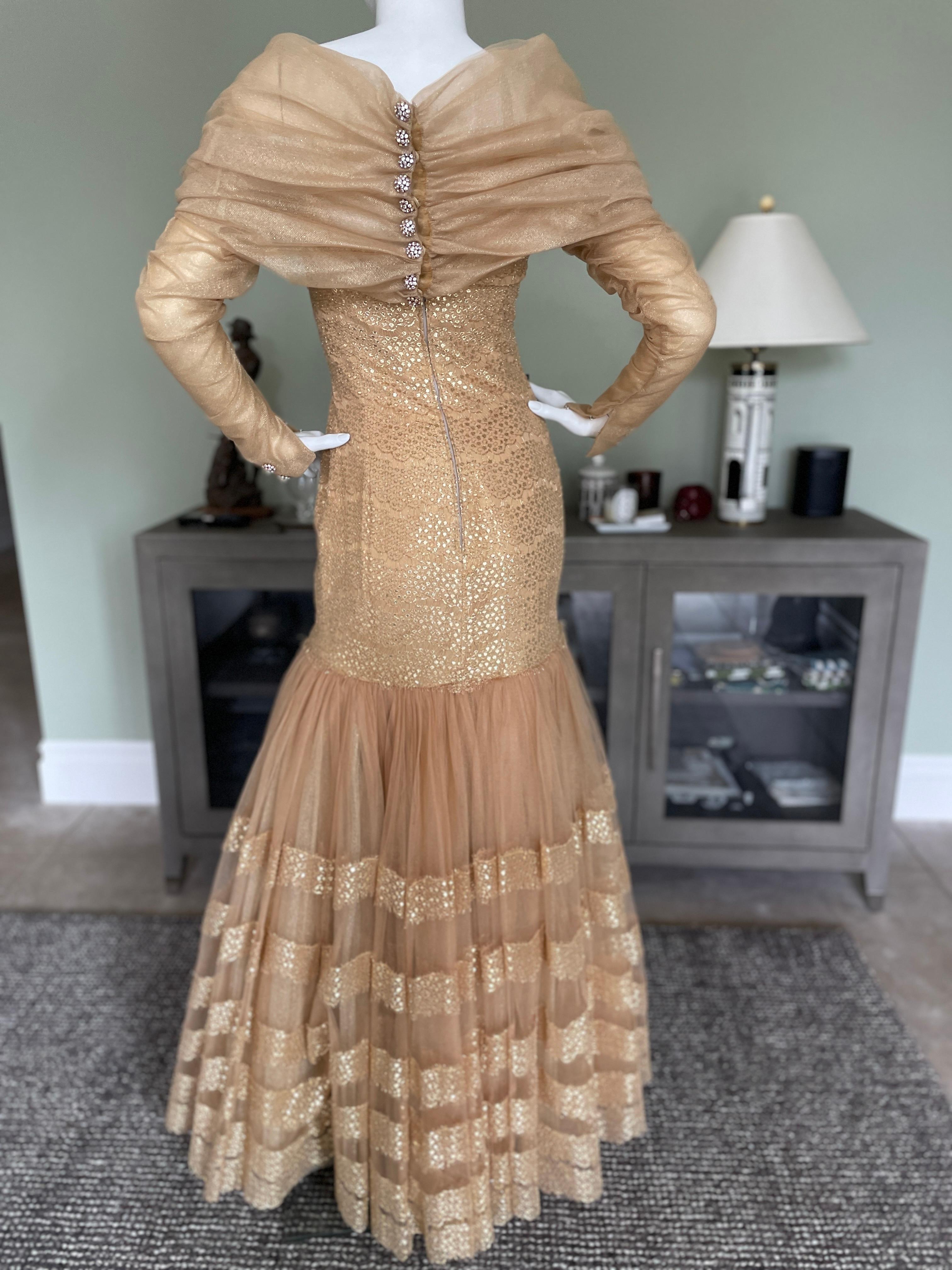 Michael Casey Couture 1980's Exquisite Gold Mermaid Ball Gown For Sale 7