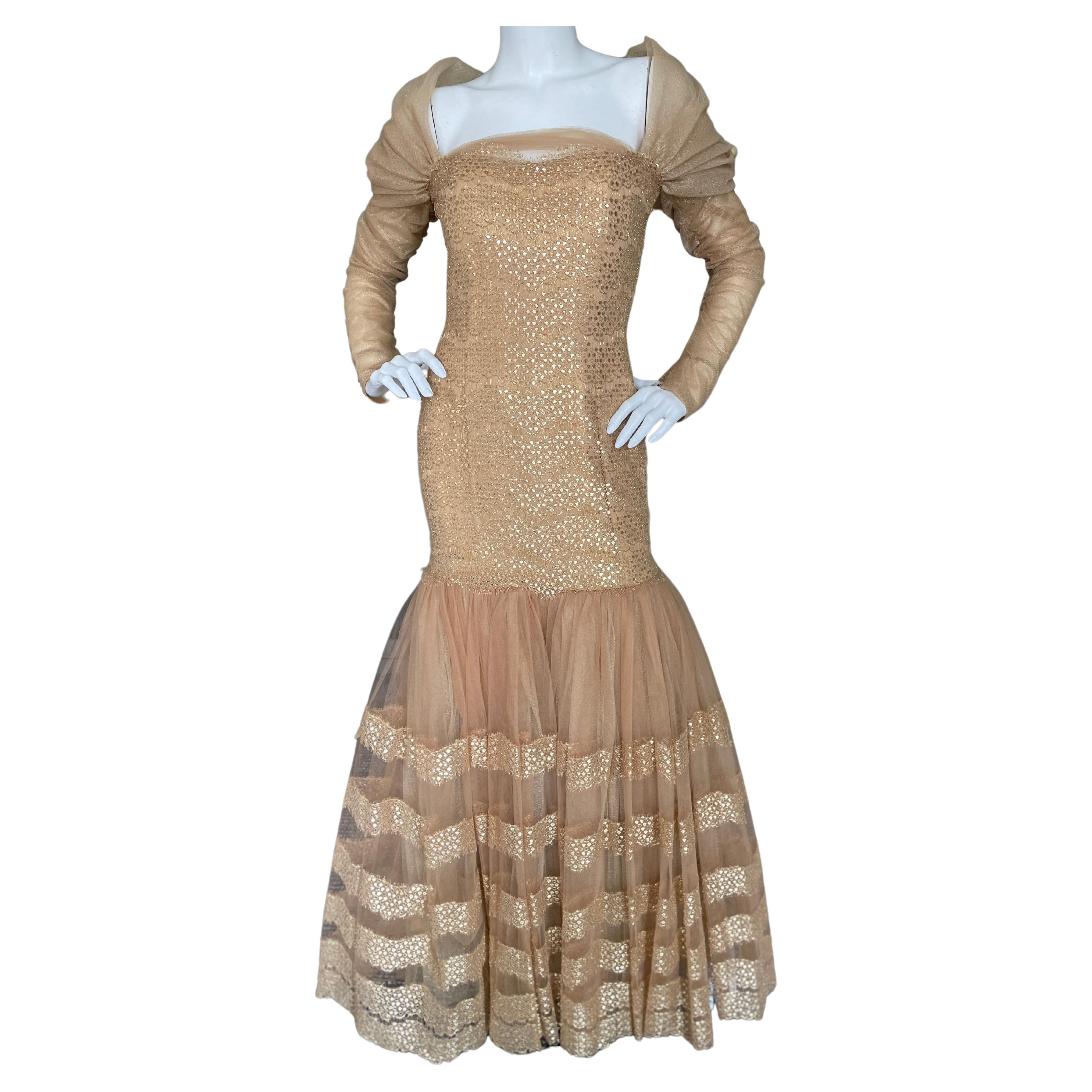 Michael Casey Couture 1980's Exquisite Gold Mermaid Ball Gown For Sale