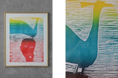 Michael Casford, Professor Brainbird, Color Woodcut, Framed