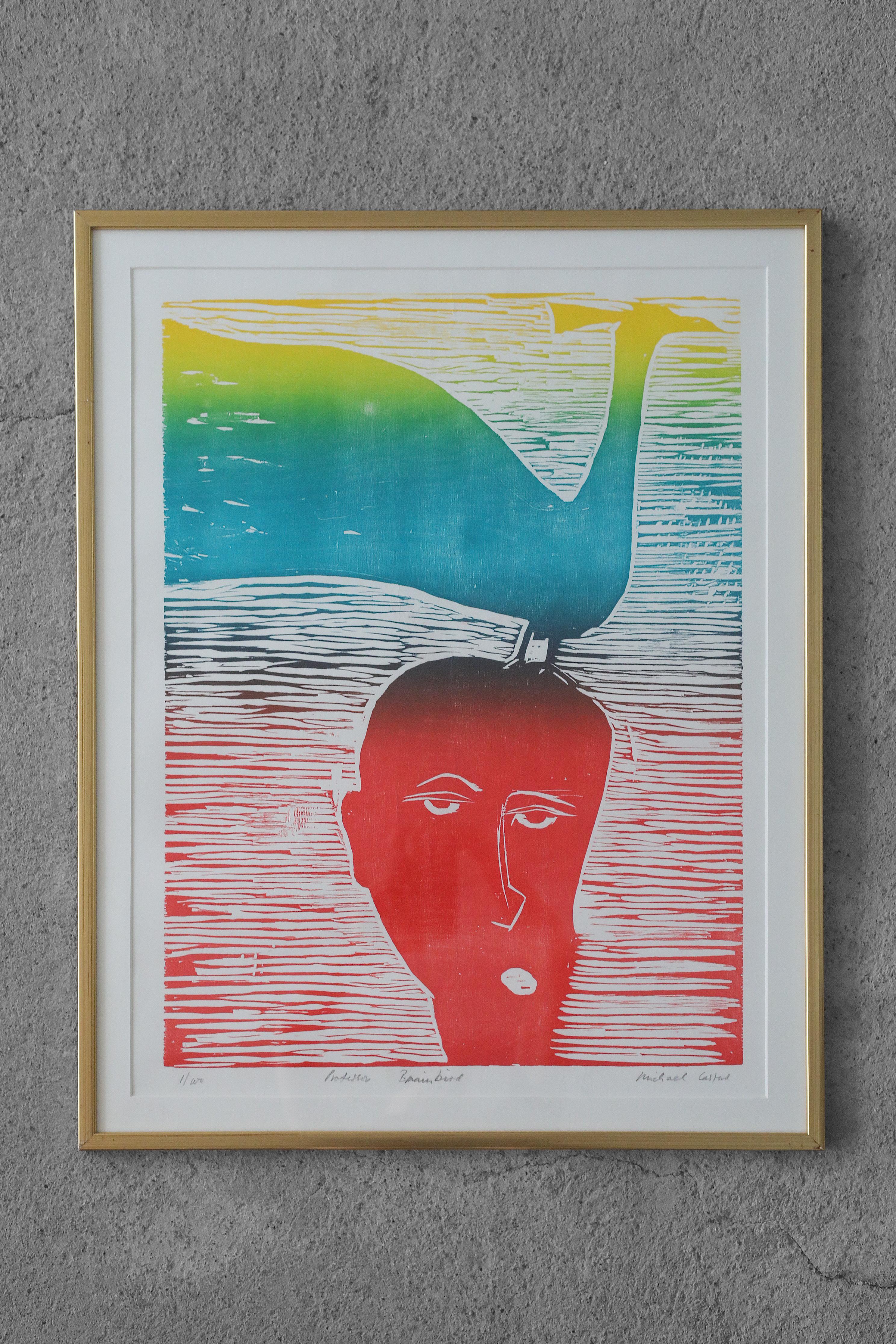 Mid-Century Modern Michael Casford, Professor Brainbird, Color Woodcut, Framed For Sale