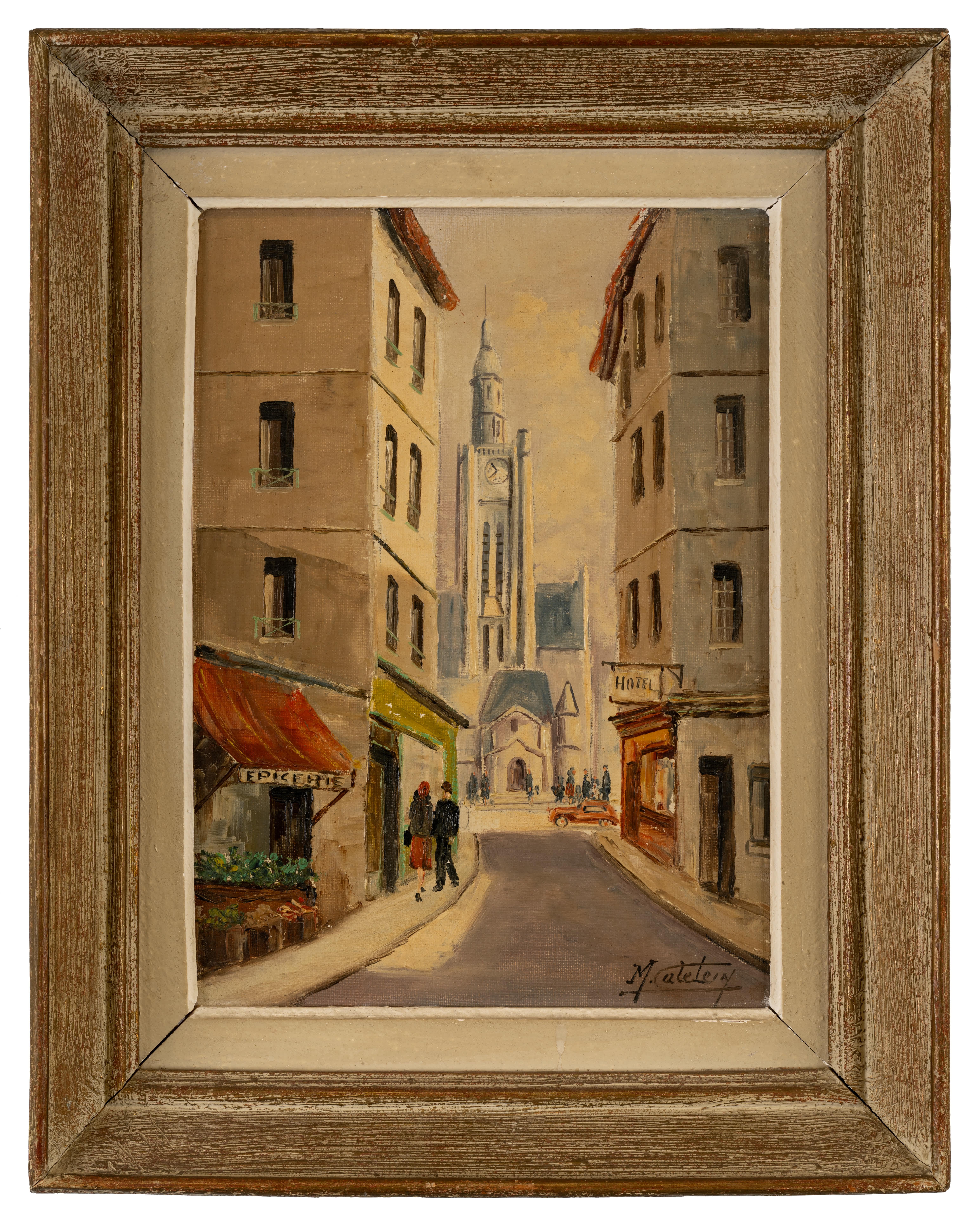 Pariser Straßenszene mit Eglise St. Etienne du Mont – Painting von Michael Catelein