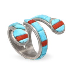Michael & Causandra Dukepoo Sterling Silver Turquoise Coral Serpent Wrap Ring