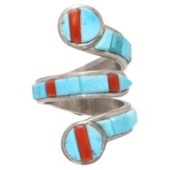 Michael & Causandra Dukepoo Sterling Silver Turquoise Coral Serpent Wrap Ring