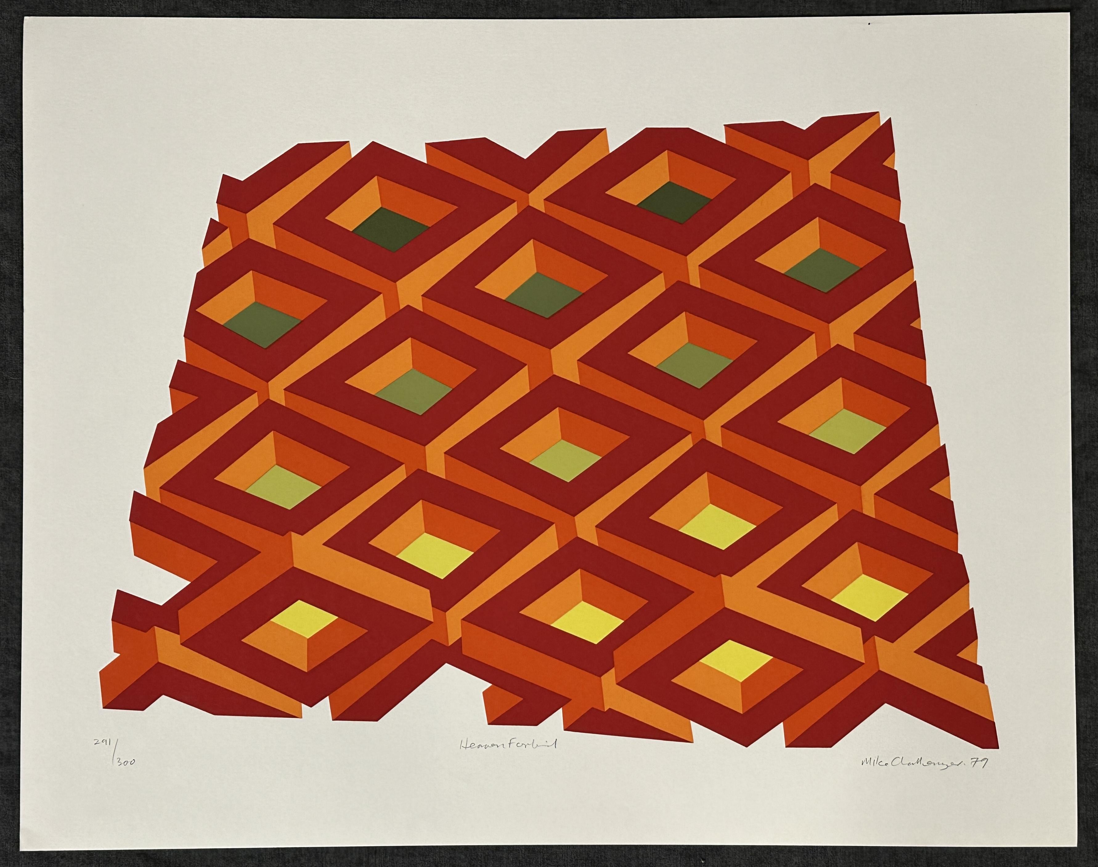 Michael Challenger
Heaven Forbid - 1979
Print - Silkscreen 17.5'' x 25''
Edition: Signed in pencil, titled, dated and marked 291/300

Challenger's work is a powerful interplay of op-art and constructivism. His graphic work evokes the counter- play