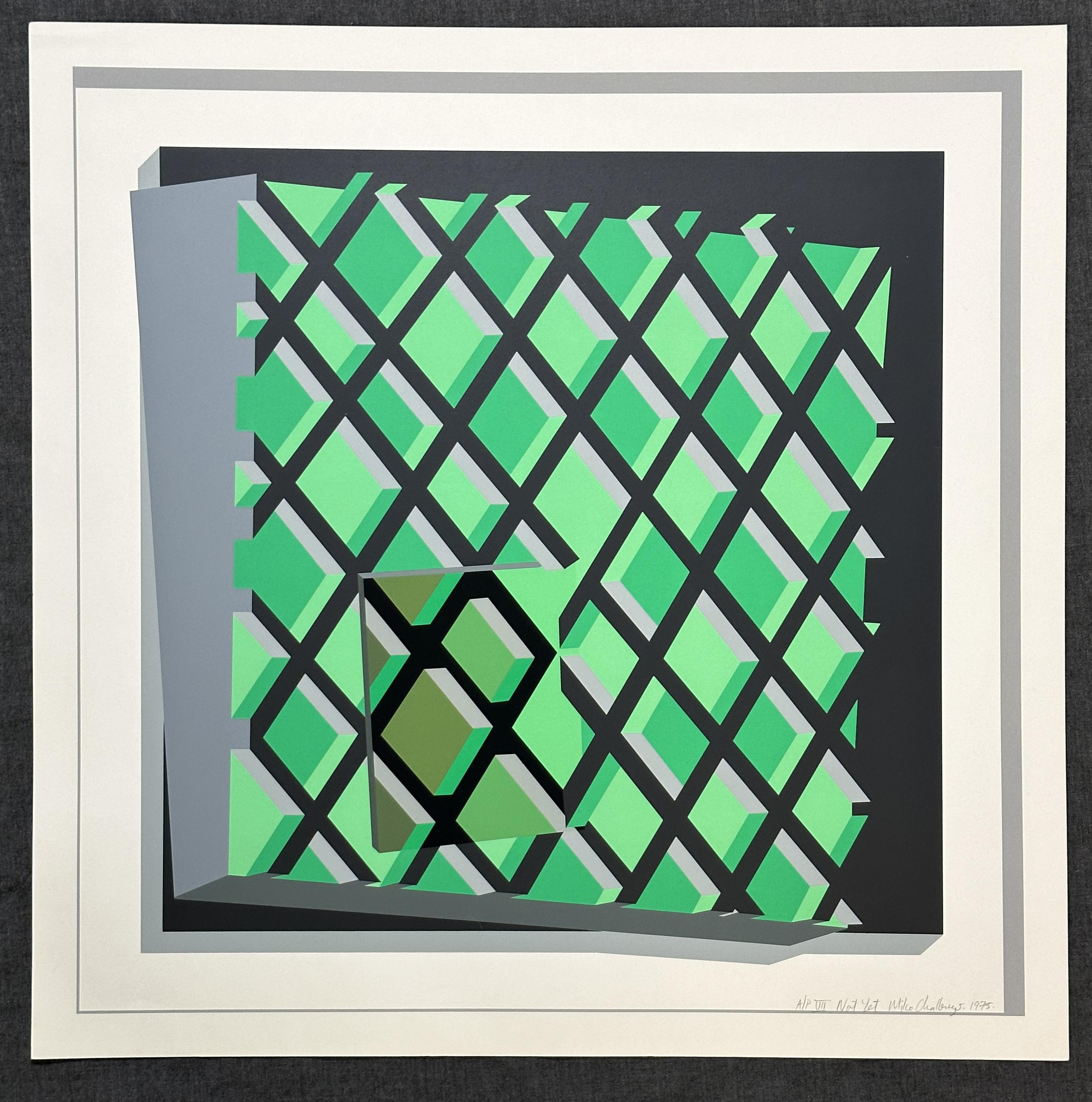 Michael Challenger
Not Yet - 1979
Print - Silkscreen   25'' x 25''
Edition: Signed in pencil, titled, dated and marked AP VIII

Challenger's work is a powerful interplay of op-art and constructivism. His graphic work evokes the counter-play of