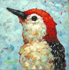 "A Woodsy Kind of Day"  Bird with Red Head and Bright Blue Background