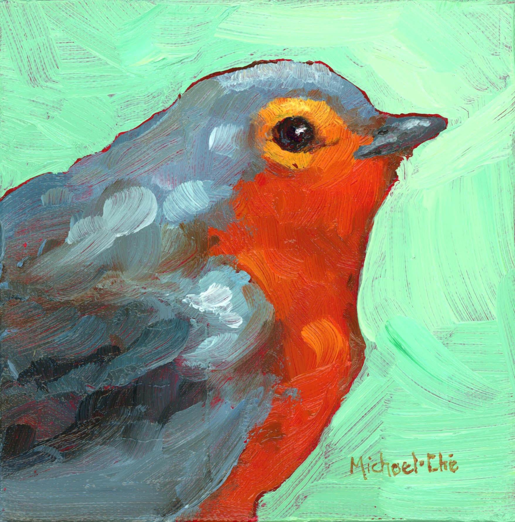 Michael-Che Swisher Animal Painting - "All Cozy" impasto oil painting of a grey and orange bird on green background