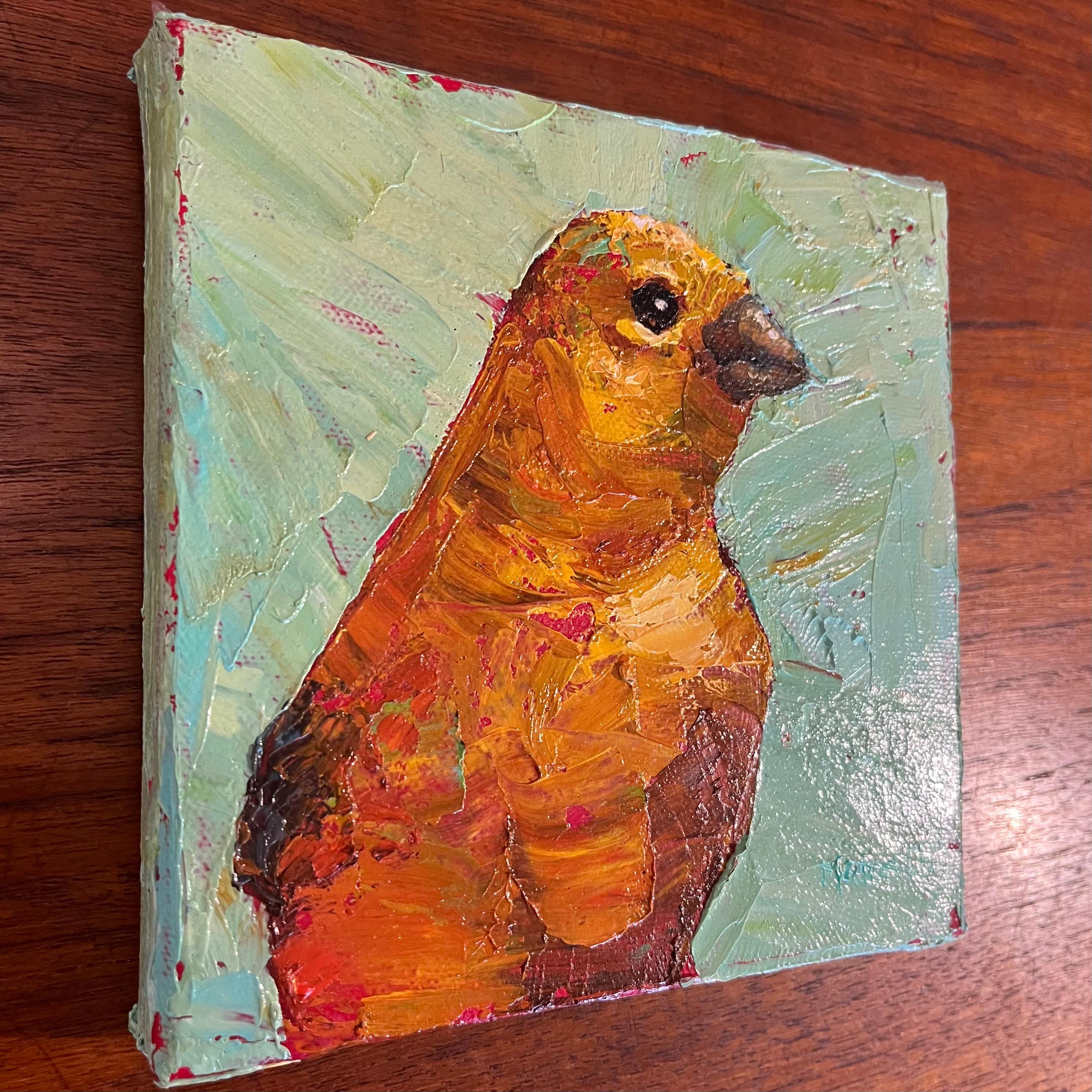 Peinture à l'huile en empâtement d'un oiseau jaune sur un fond vert.

L'œuvre de Michael-Che Swisher est inspirée par son amour des animaux. Enfant, elle ramenait à la maison tous les écureuils, lapins et oiseaux blessés. À l'âge adulte, elle est