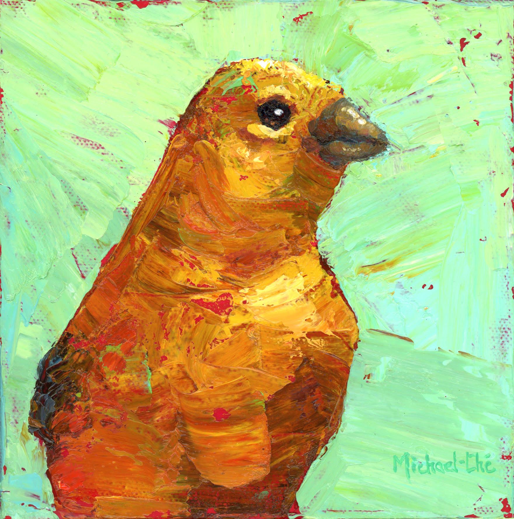 Michael-Che Swisher Animal Painting - "And It Glows" Impasto oil painting of yellow bird on green background