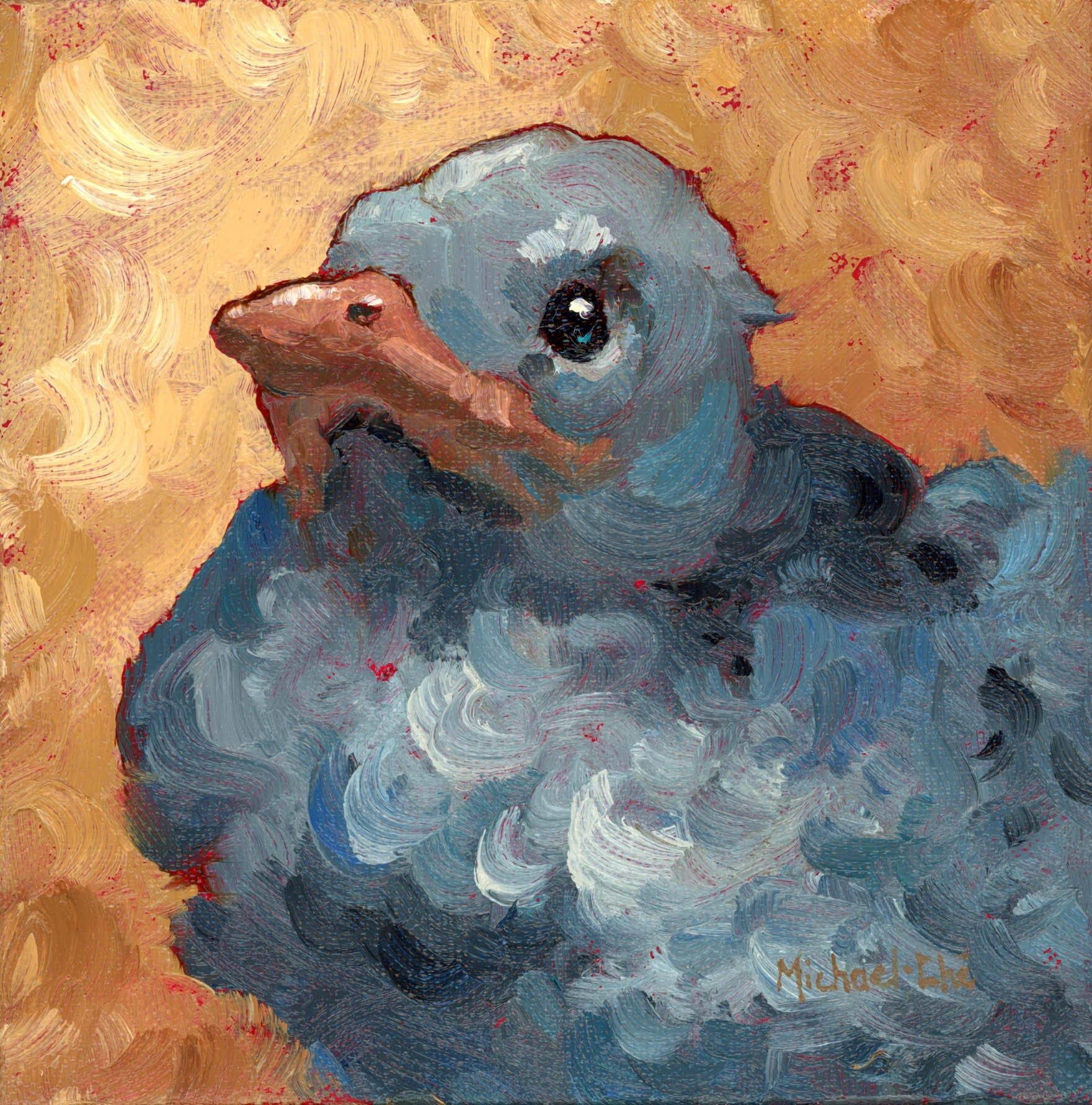 Michael-Che Swisher Animal Painting - "Baby Jay" Impasto oil painting of a grey bird on gold background