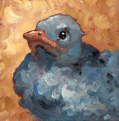 "Baby Jay" Impasto oil painting of a grey bird on gold background