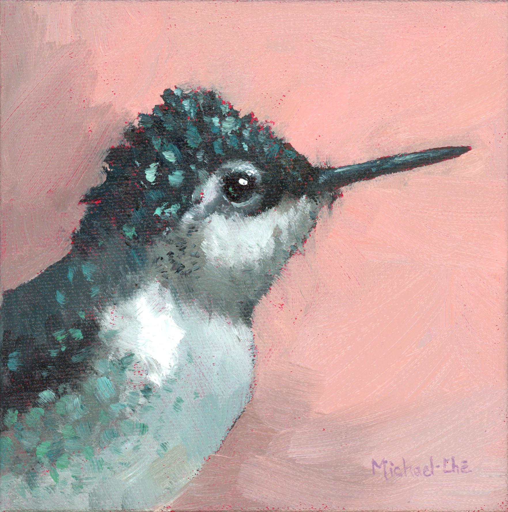 Michael-Che Swisher Animal Painting - "Little Treasure" Oil painting of a woodpecker over pink background