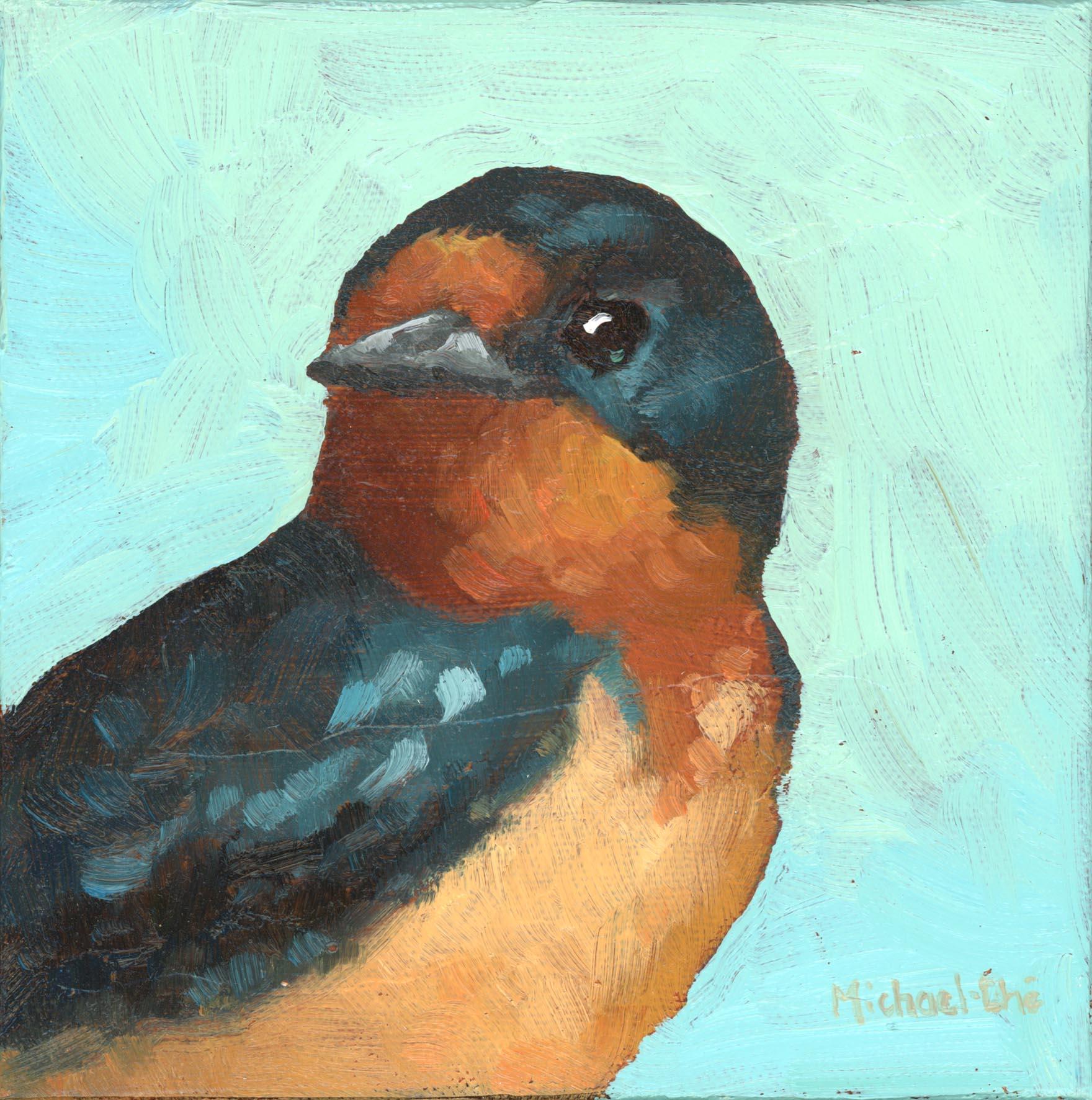 Michael-Che Swisher Figurative Painting - "Looking Sharp" Orange, brown, and black bird on blue canvas.