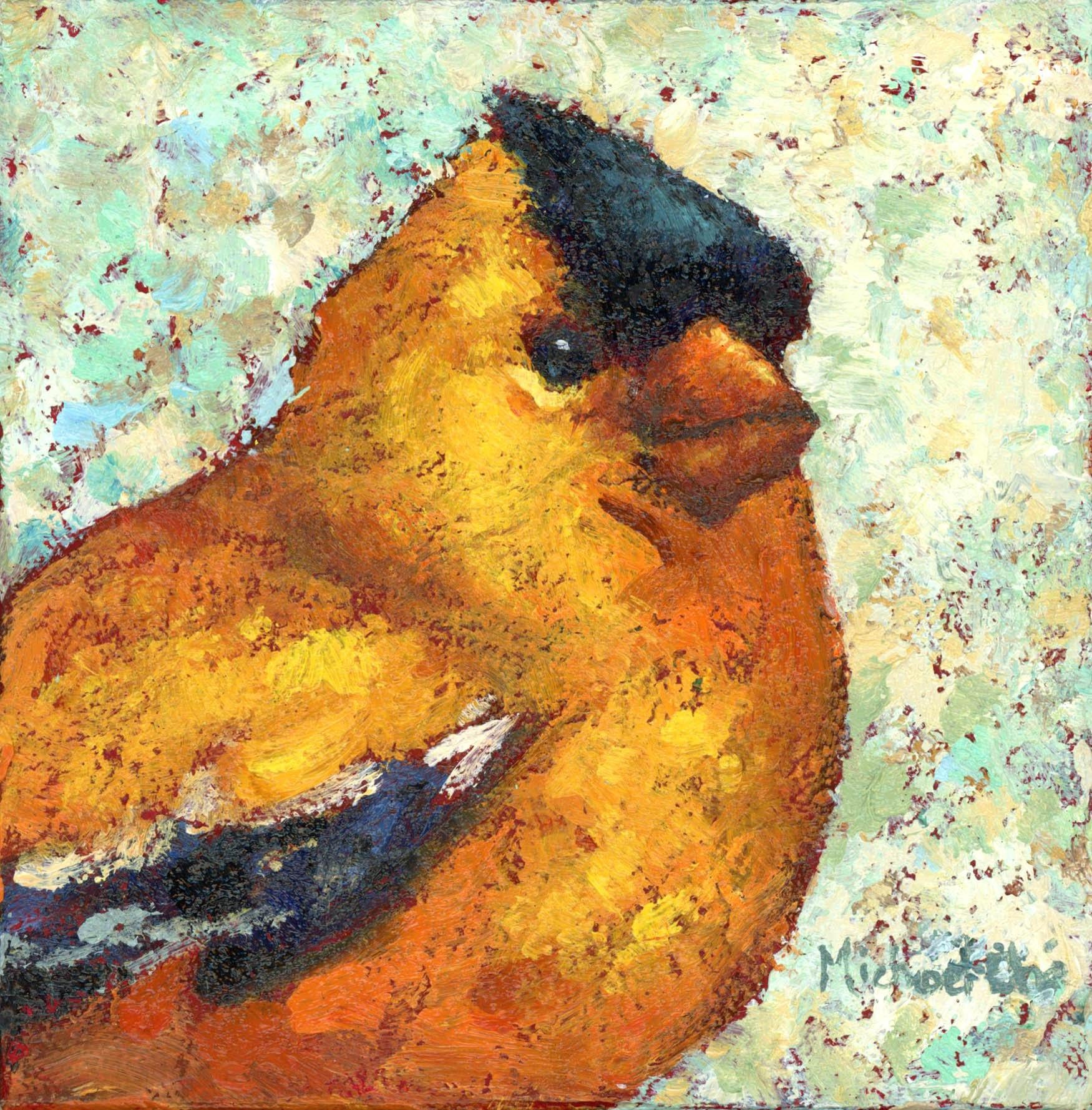 Michael-Che Swisher Animal Painting - "Lots of Laughs" Impasto oil painting of a yellow and black bird