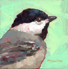 "Misty Morning" Impasto oil painting of a grey bird on green background