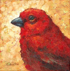 Moods -Oil Painting of a Red Bird on a Yellow Background