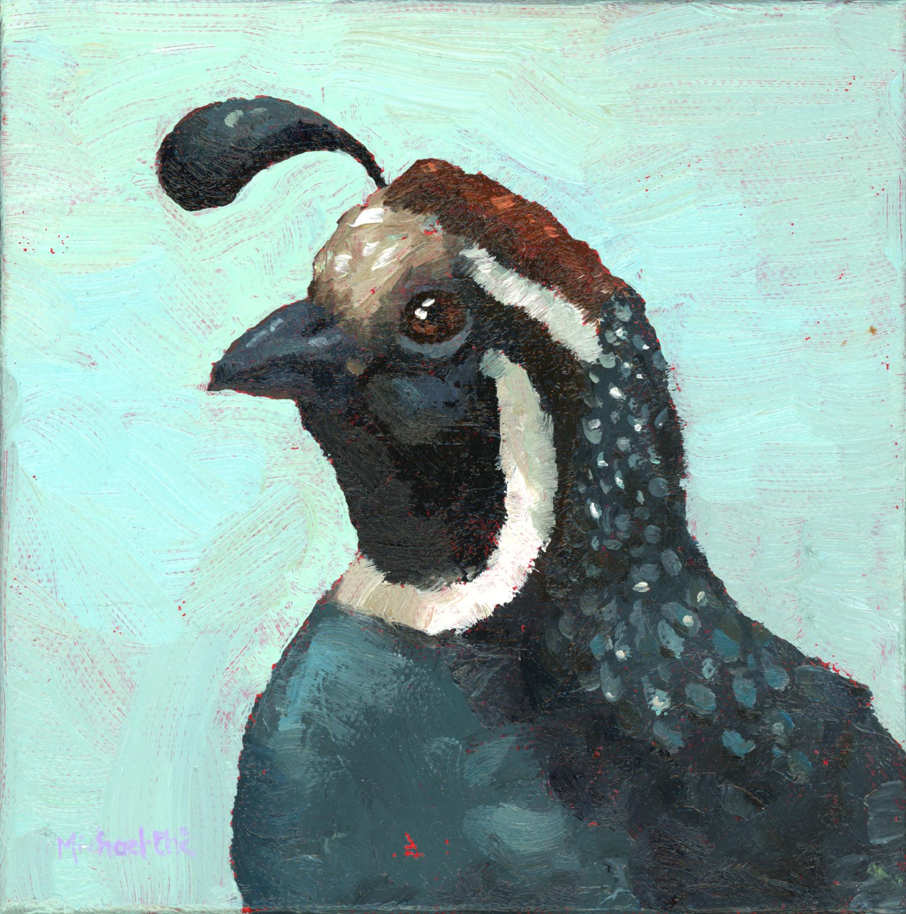 Michael-Che Swisher Animal Painting – „On A Good Day“ Ölgemälde einer Wachtel über einem türkisfarbenen Hintergrund