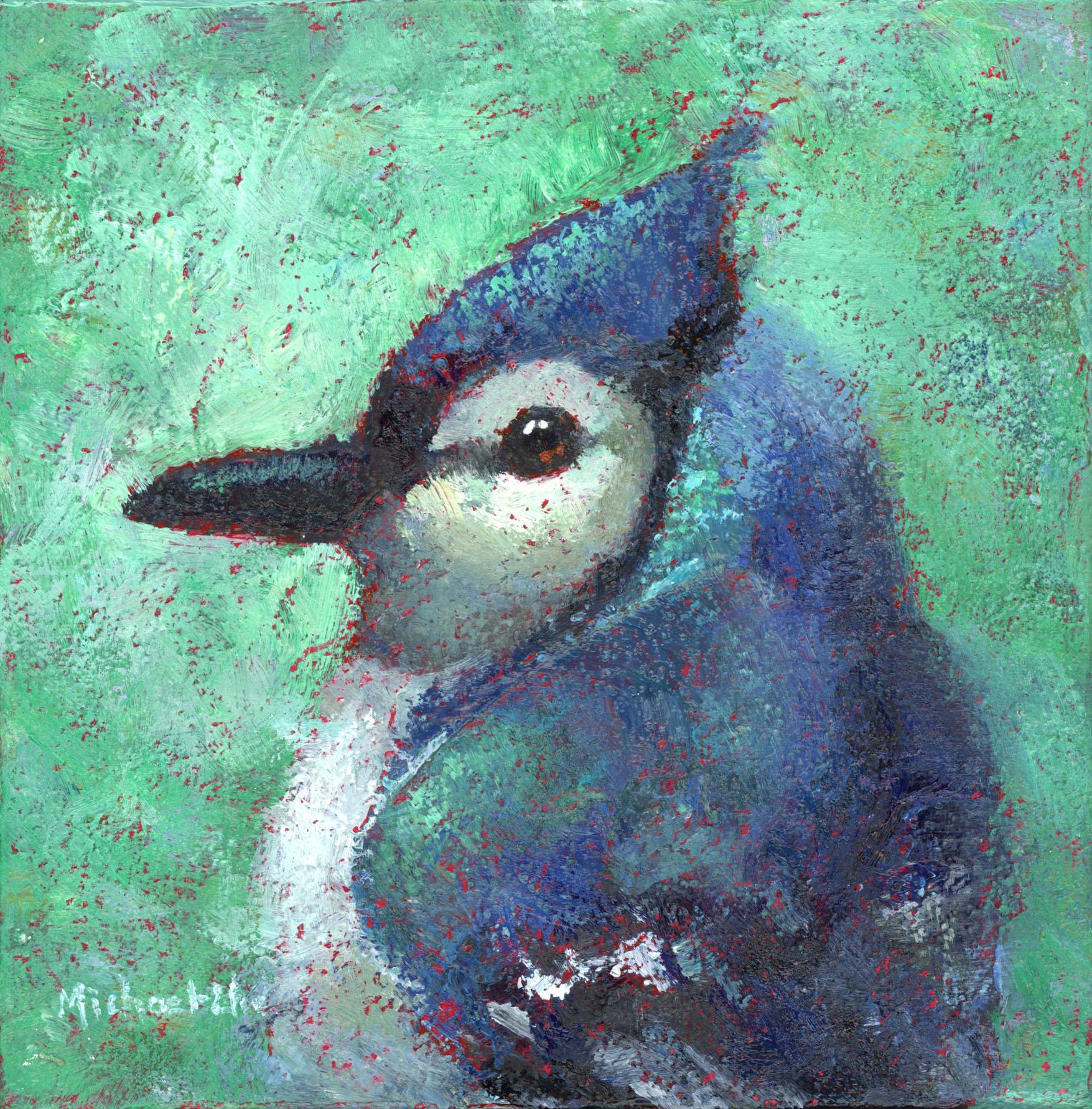 Michael-Che Swisher Animal Painting – „Scavenger Hunt“ Ölgemälde eines blauen Jays vor einem türkisfarbenen Hintergrund
