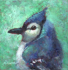 „Scavenger Hunt“ Ölgemälde eines blauen Jays vor einem türkisfarbenen Hintergrund