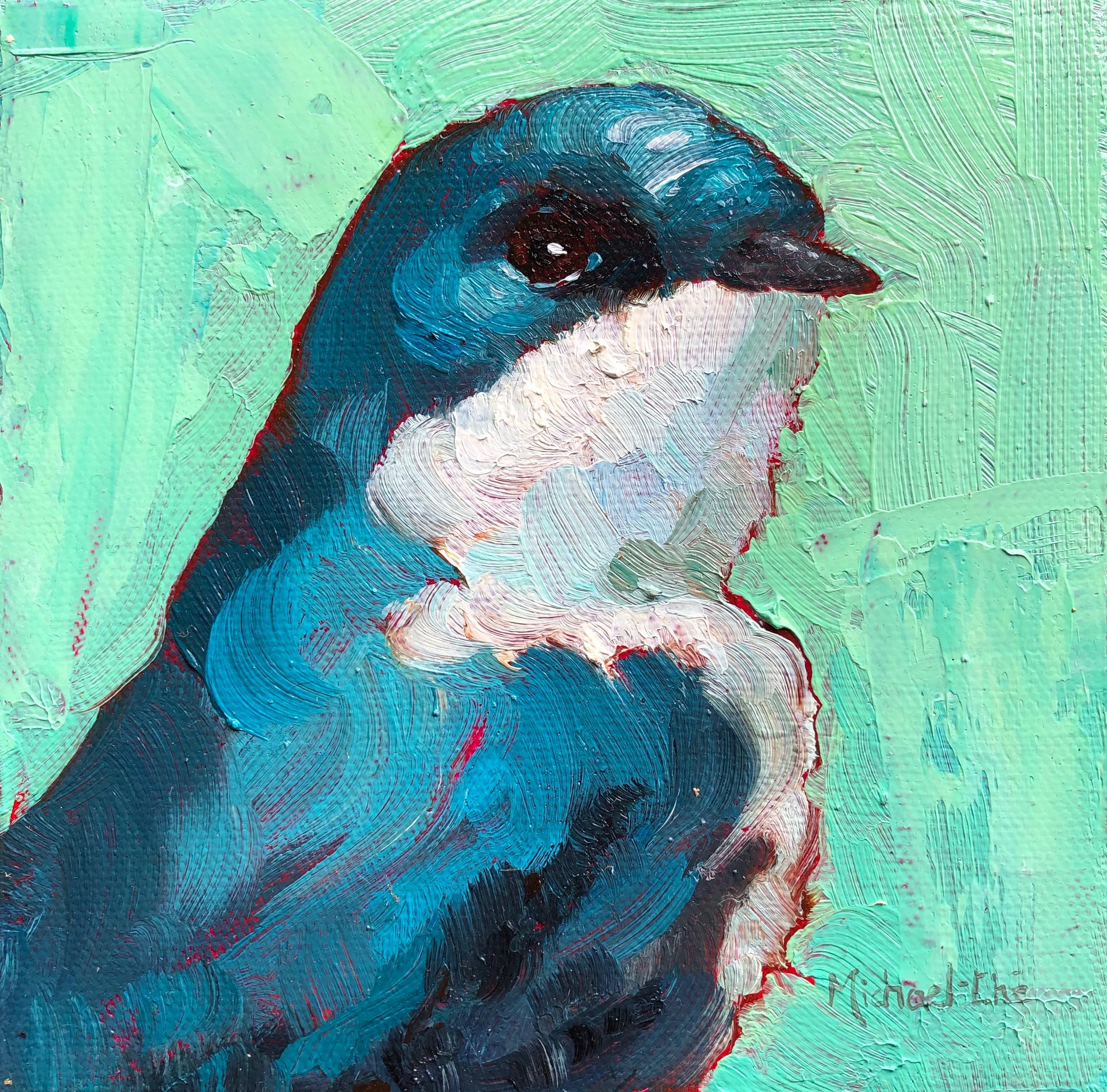 Michael-Che Swisher Animal Painting - "Sharp Gaze" Impasto oil painting of a blue bird with green background