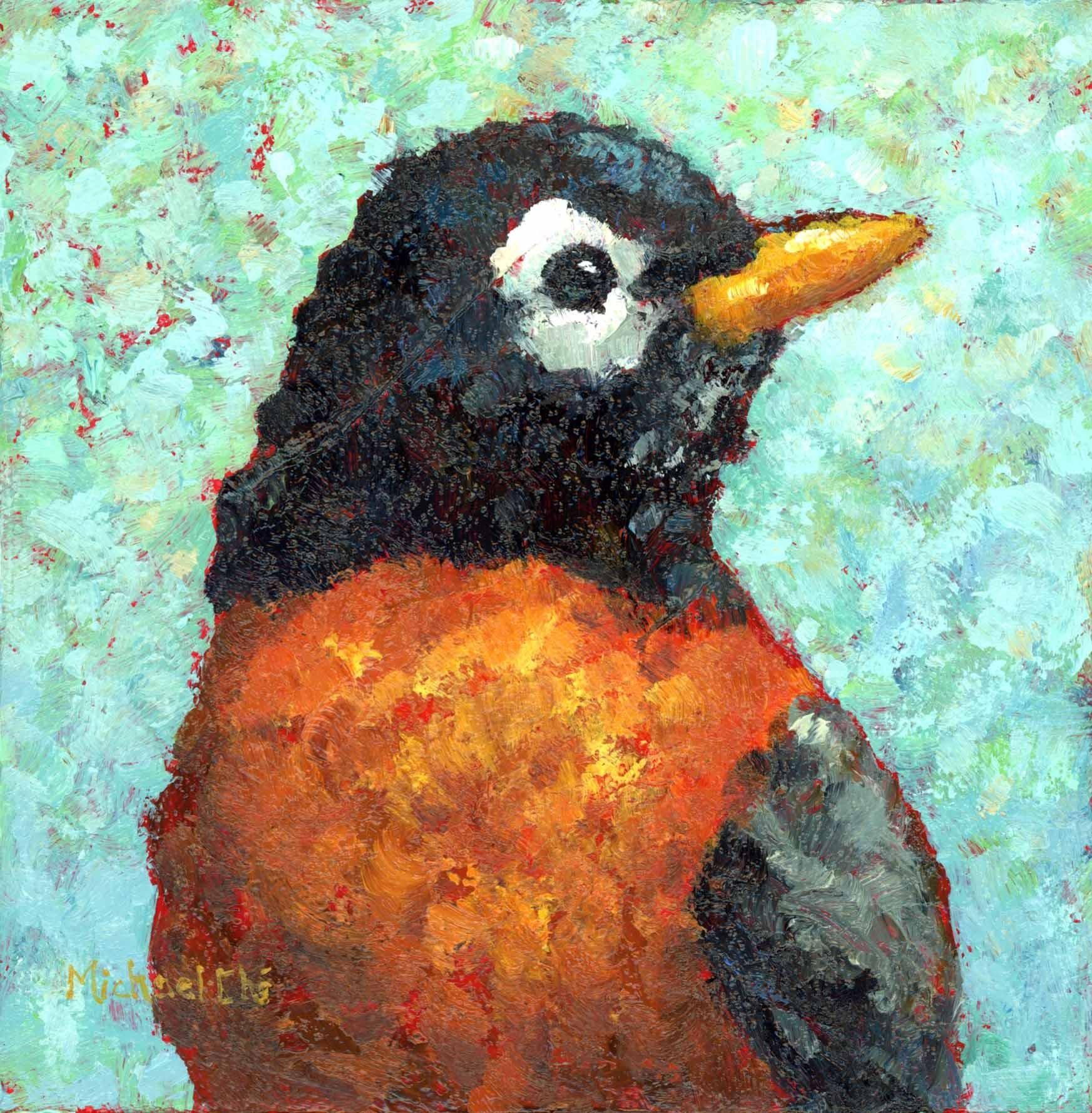 Michael-Che Swisher Animal Painting - "Spring is in the Air" Painting of an Orange and Black Bird on Blue Background