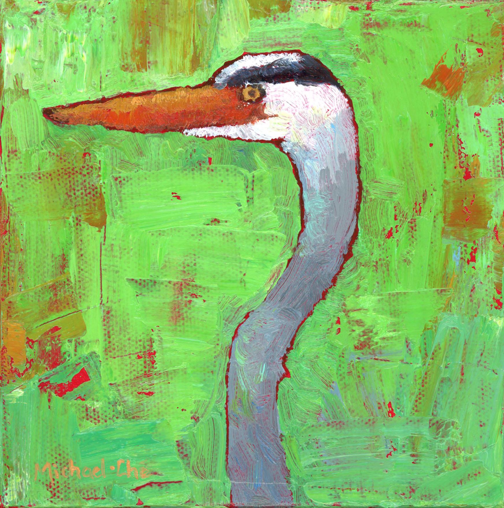 Michael-Che Swisher Animal Painting - "Stretching Out" Oil painting of a white stork over a green background
